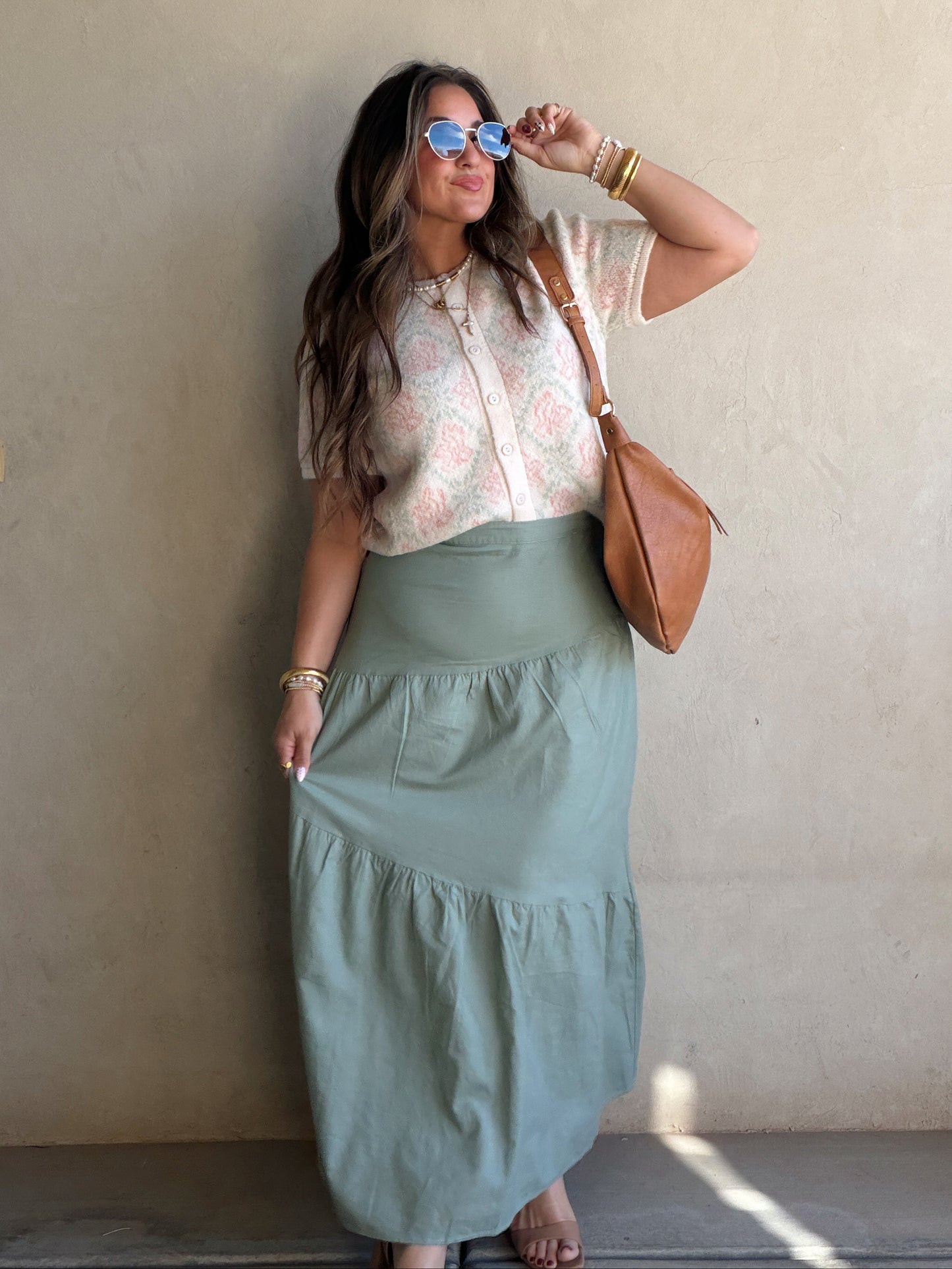 Maddy Button Down Cardigan in Cream, Sage & Pink