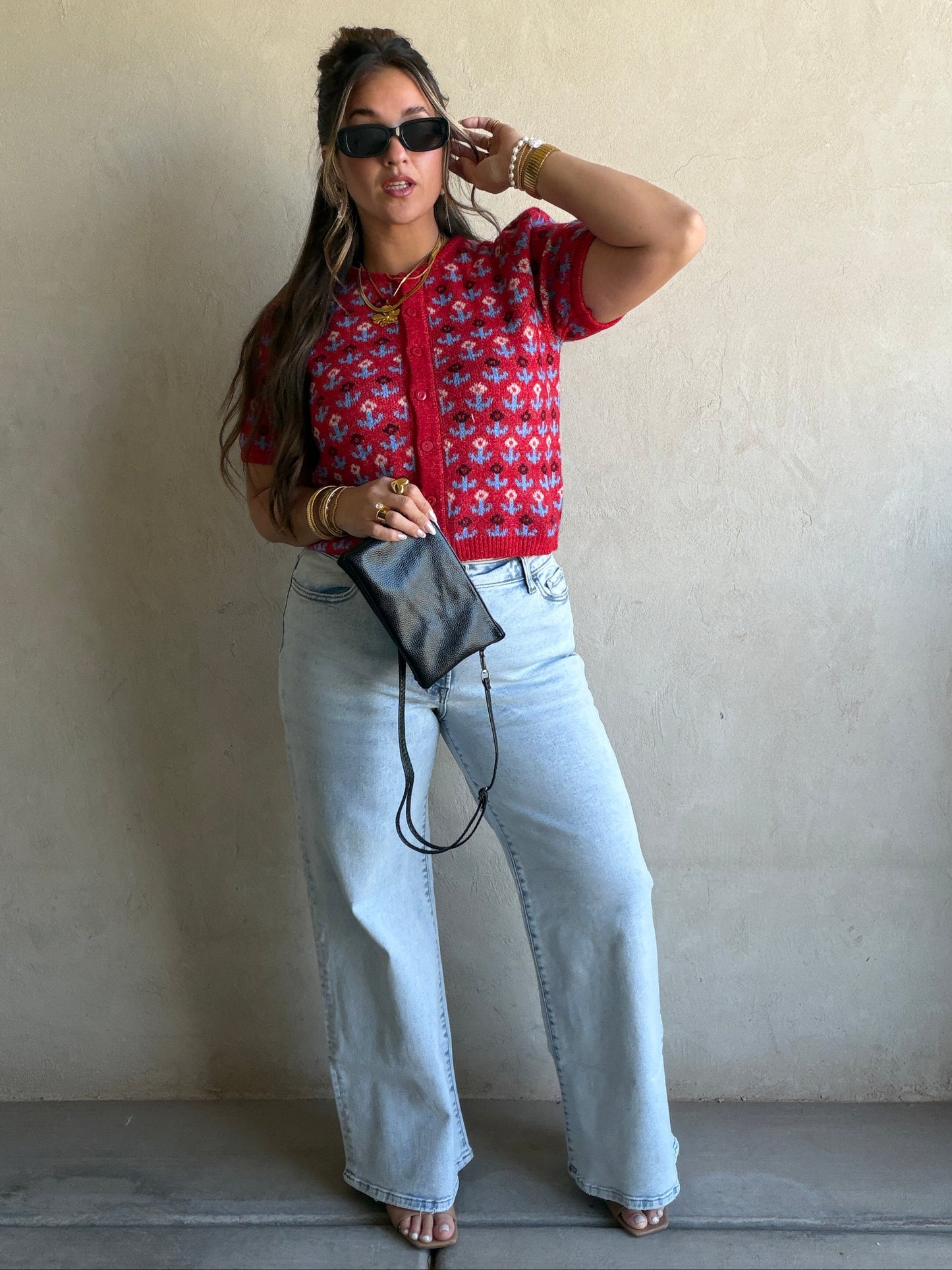 Maddy Button Down Cardigan in Red & Blue