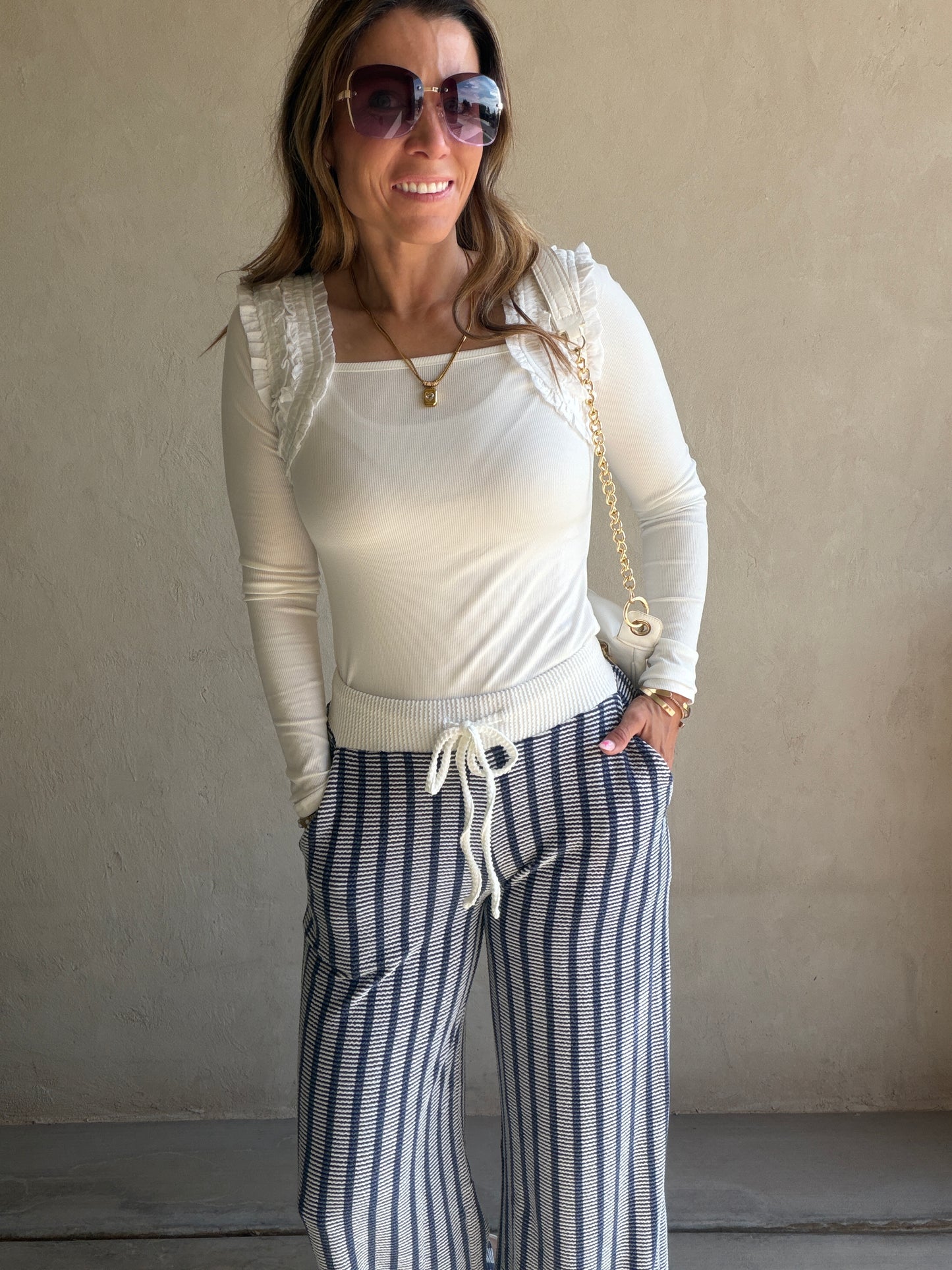 Andrea Ribbed Pants in Navy & Ivory