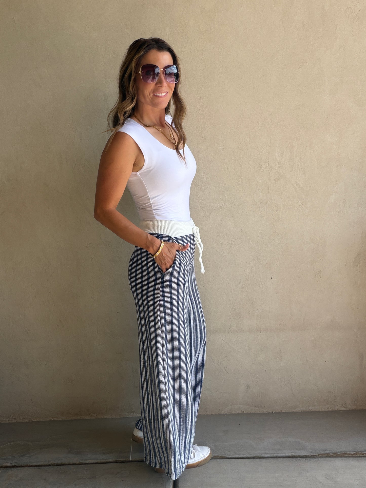 Andrea Ribbed Pants in Navy & Ivory