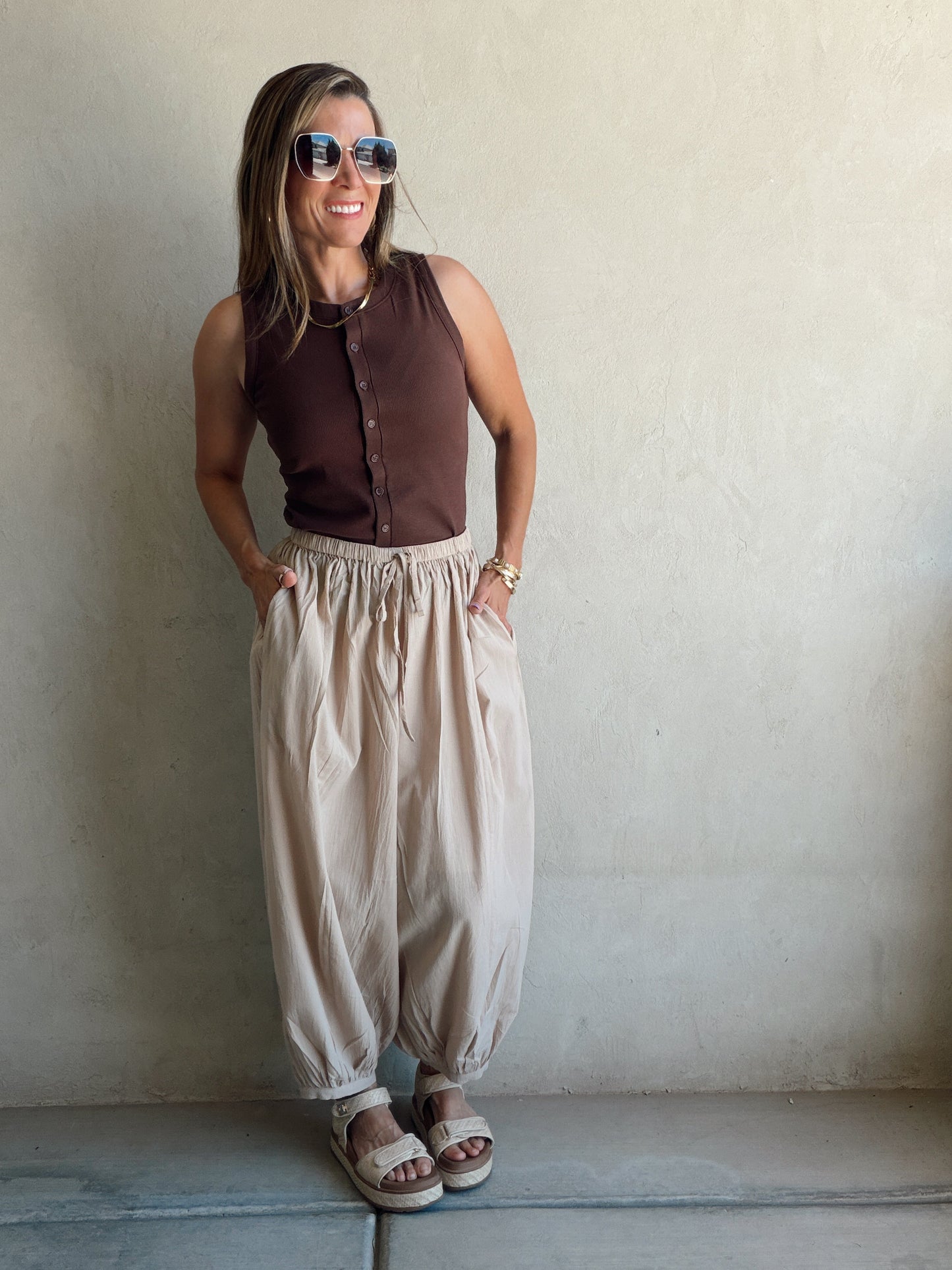 Tara Flowy Parachute Pants in Tan