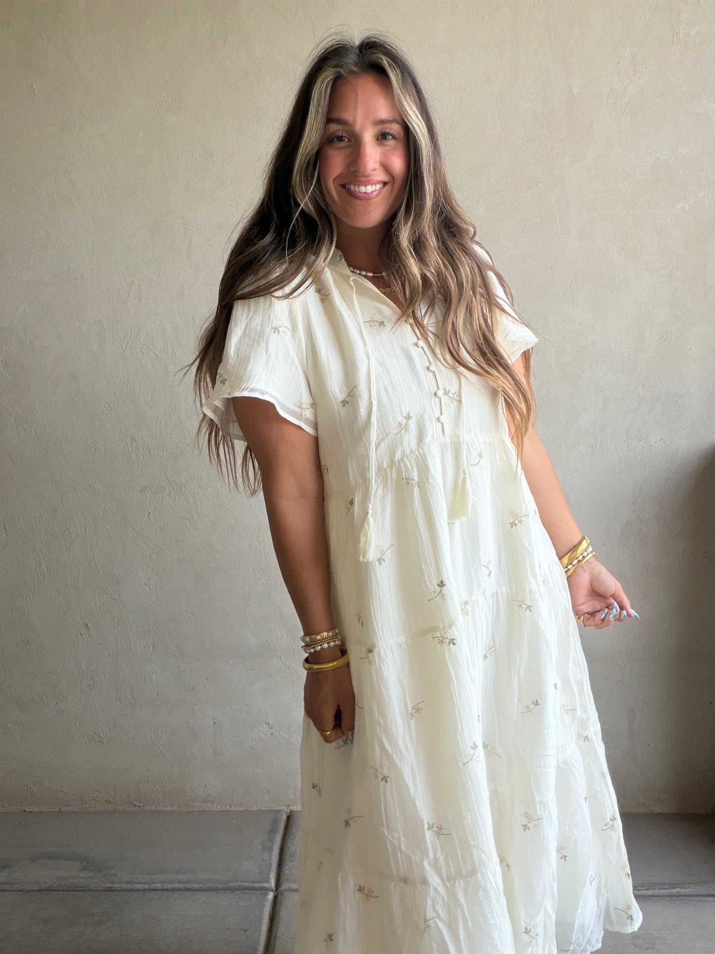 Ava Embroidered Dress in Cream