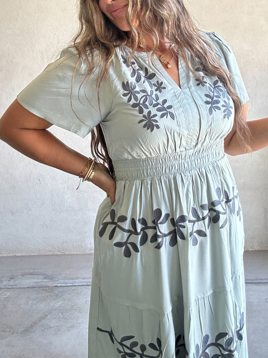 Sunday Embroidered Dress in Sage