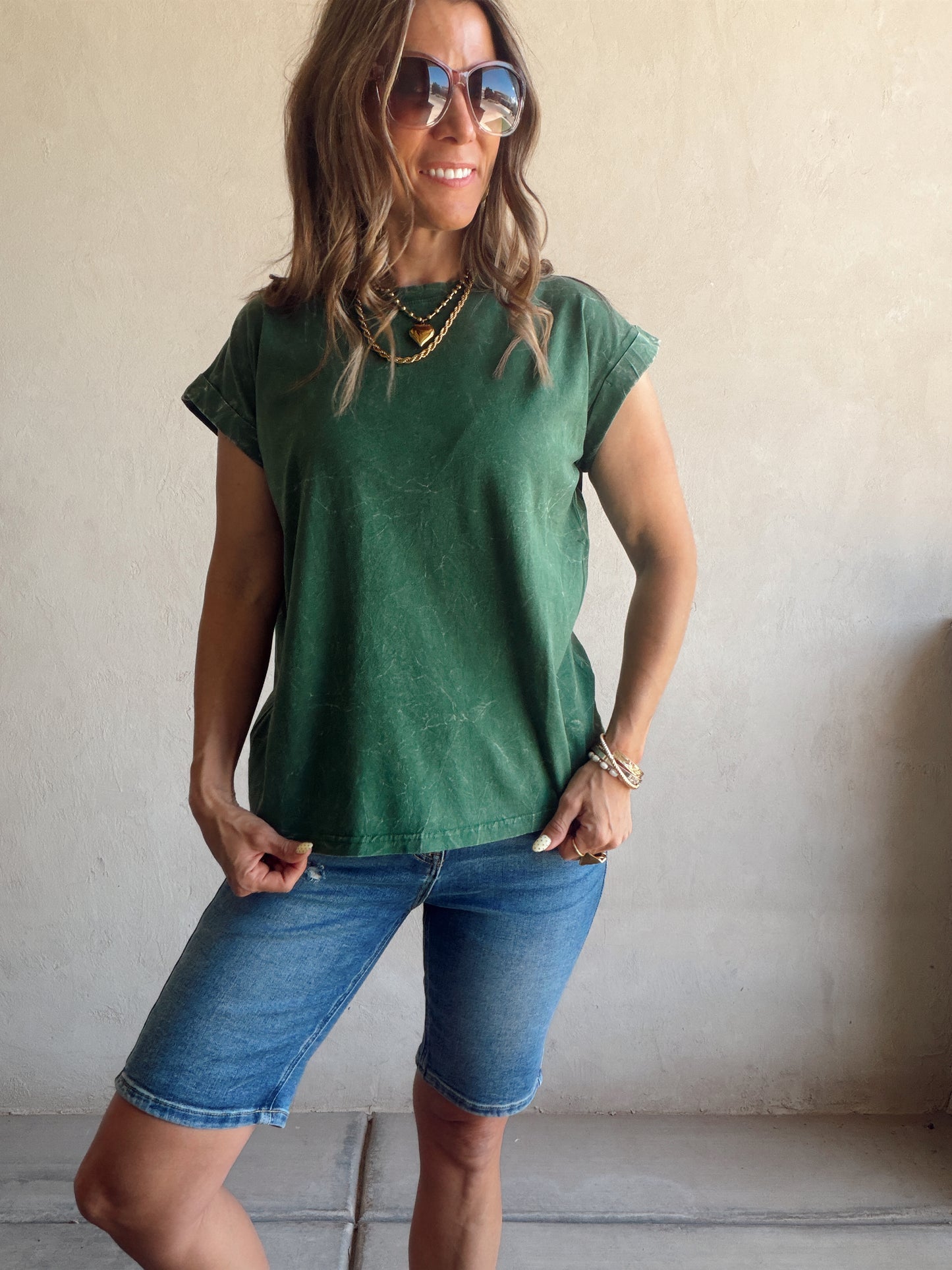 Amber Mineral Washed Top in Evergreen