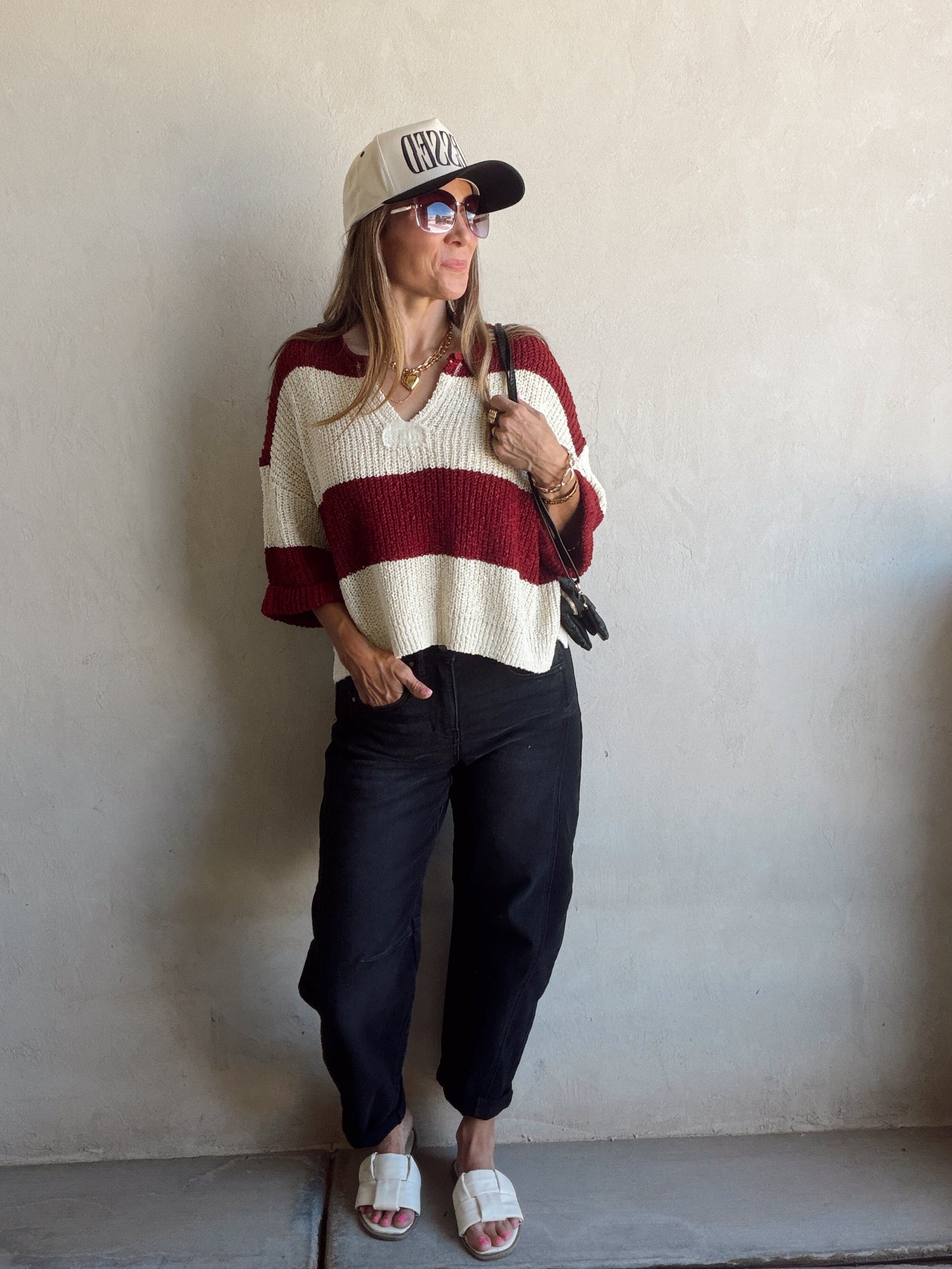 Christy V-Neck Top in Cabernet & Cream