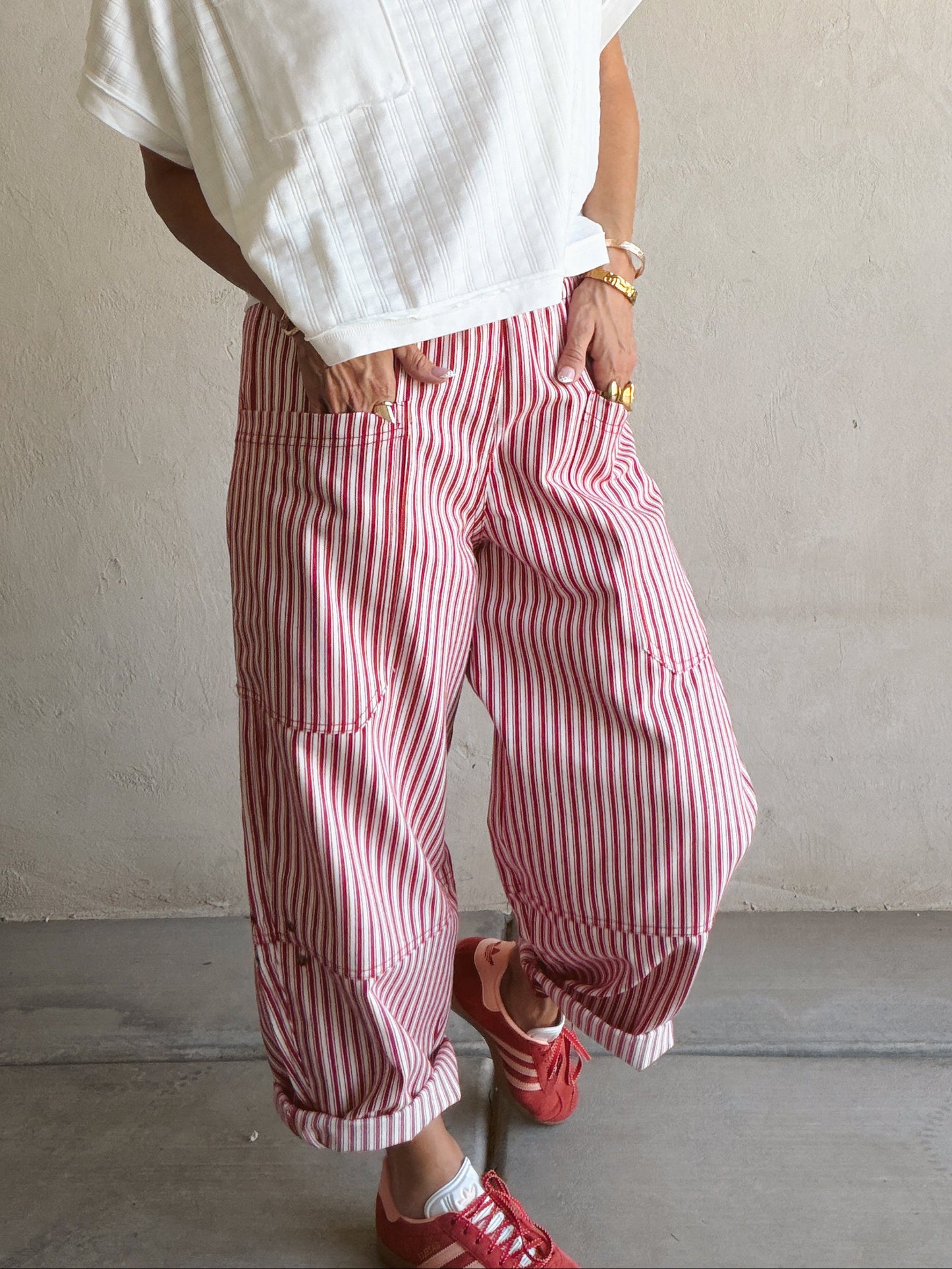 Striped Barrel Pant in Red