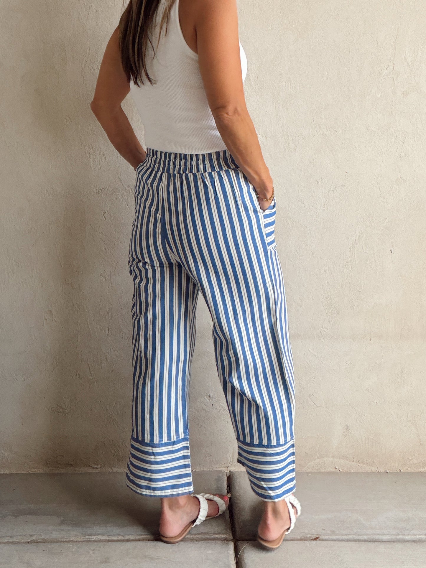 Kyla Drawstring Stripe Linen Pants in Blue & White