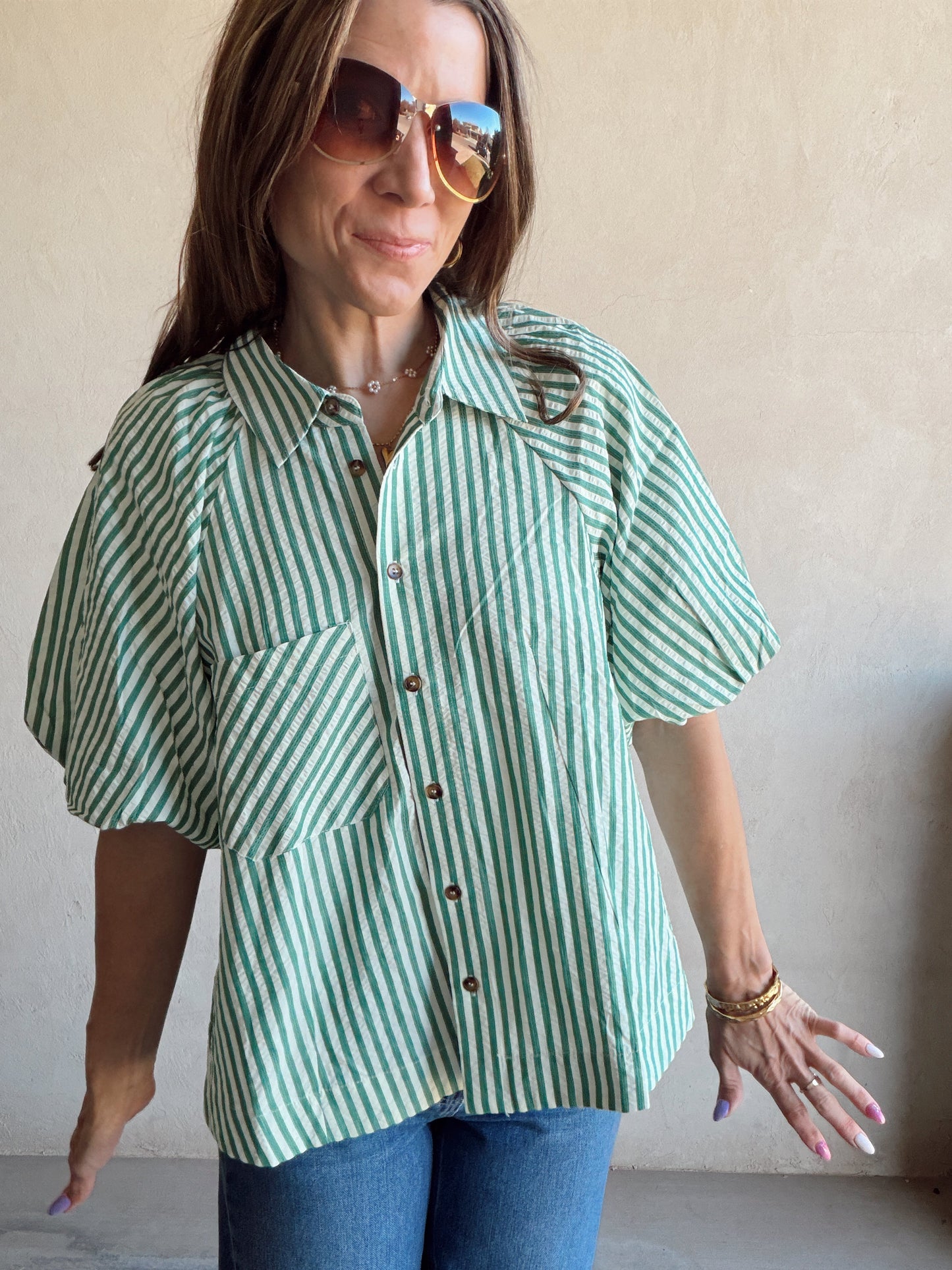 Jess Button Up Top in Green Stripe