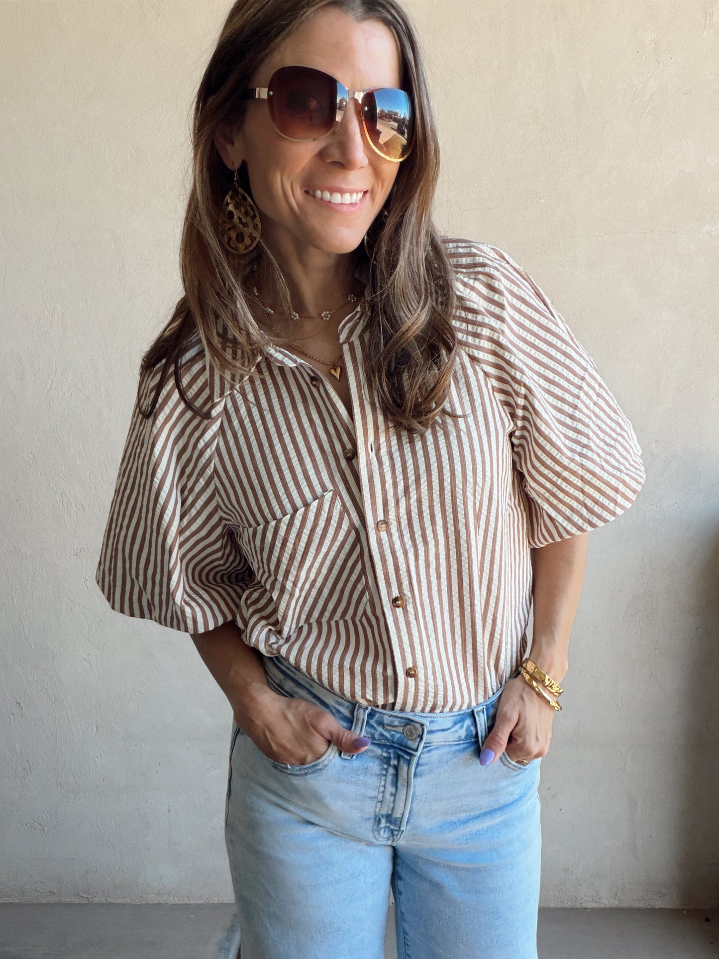 Jess Button Up Top in Pecan Stripe