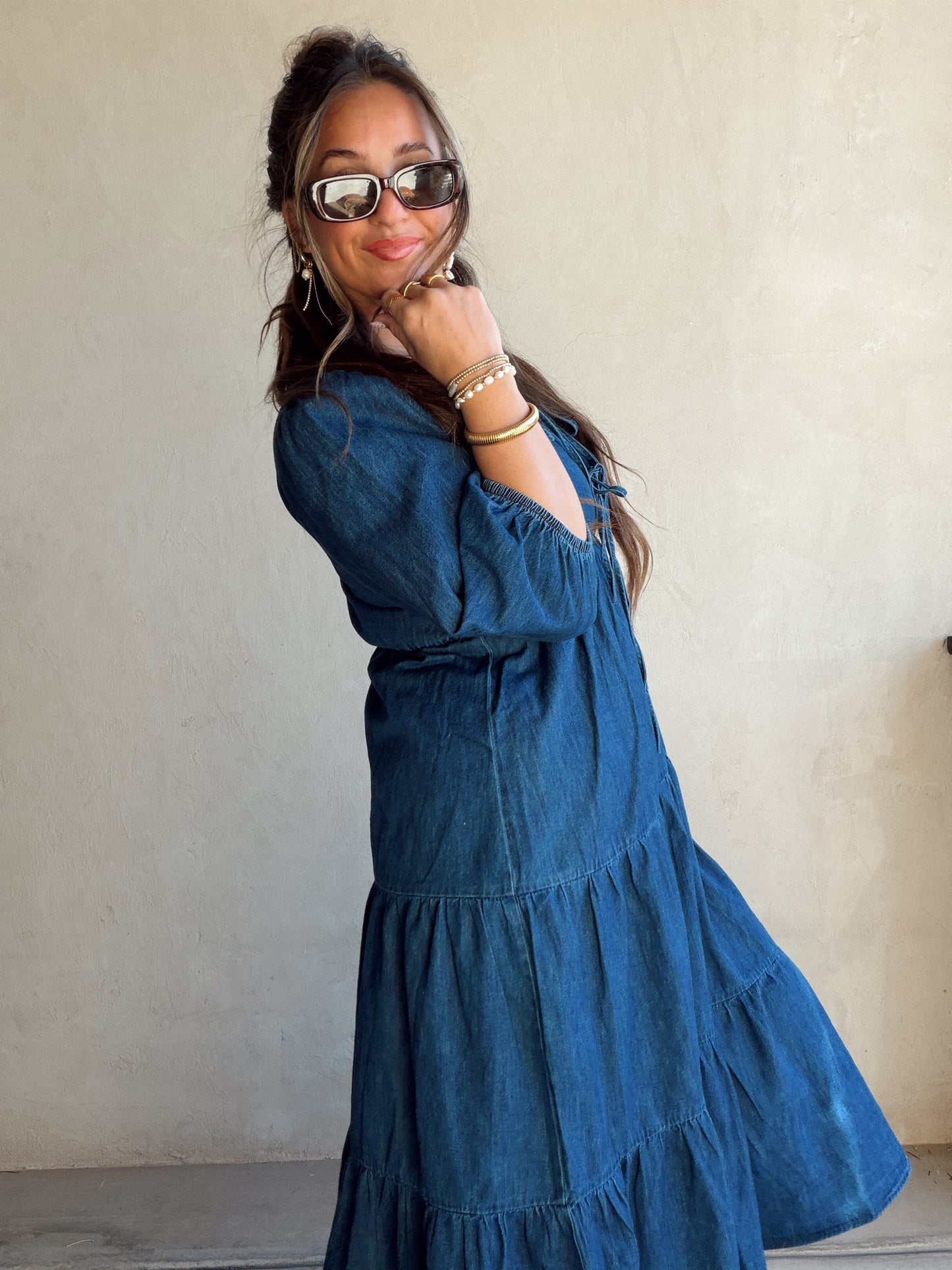Jolee Bow Maxi Dress in Denim