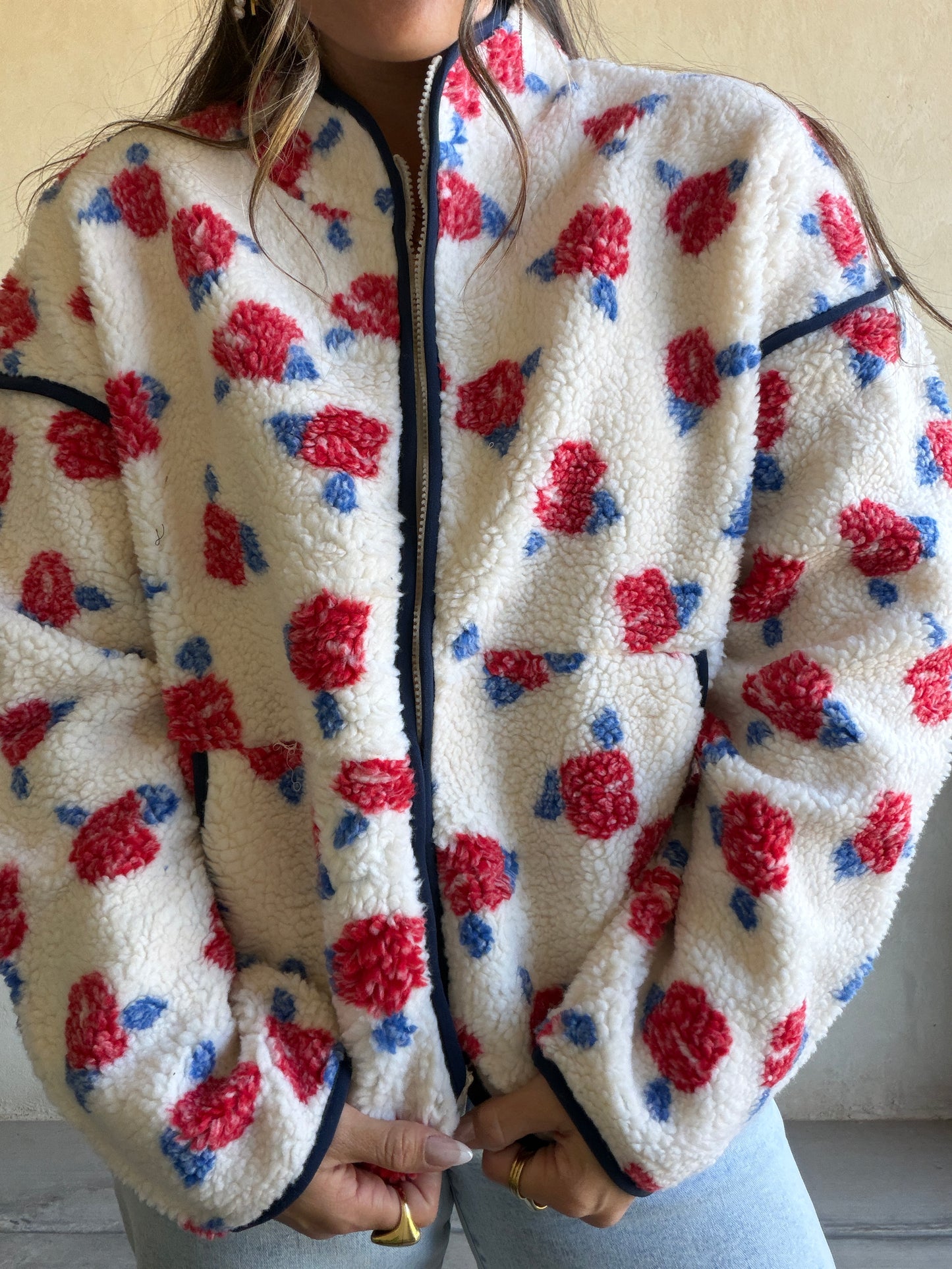 Luann Sherpa Jacket in Cream, Navy, & Red