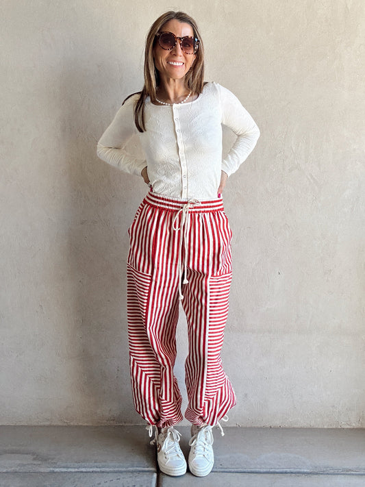 Ella Parachute Striped Pants in Red & Ivory