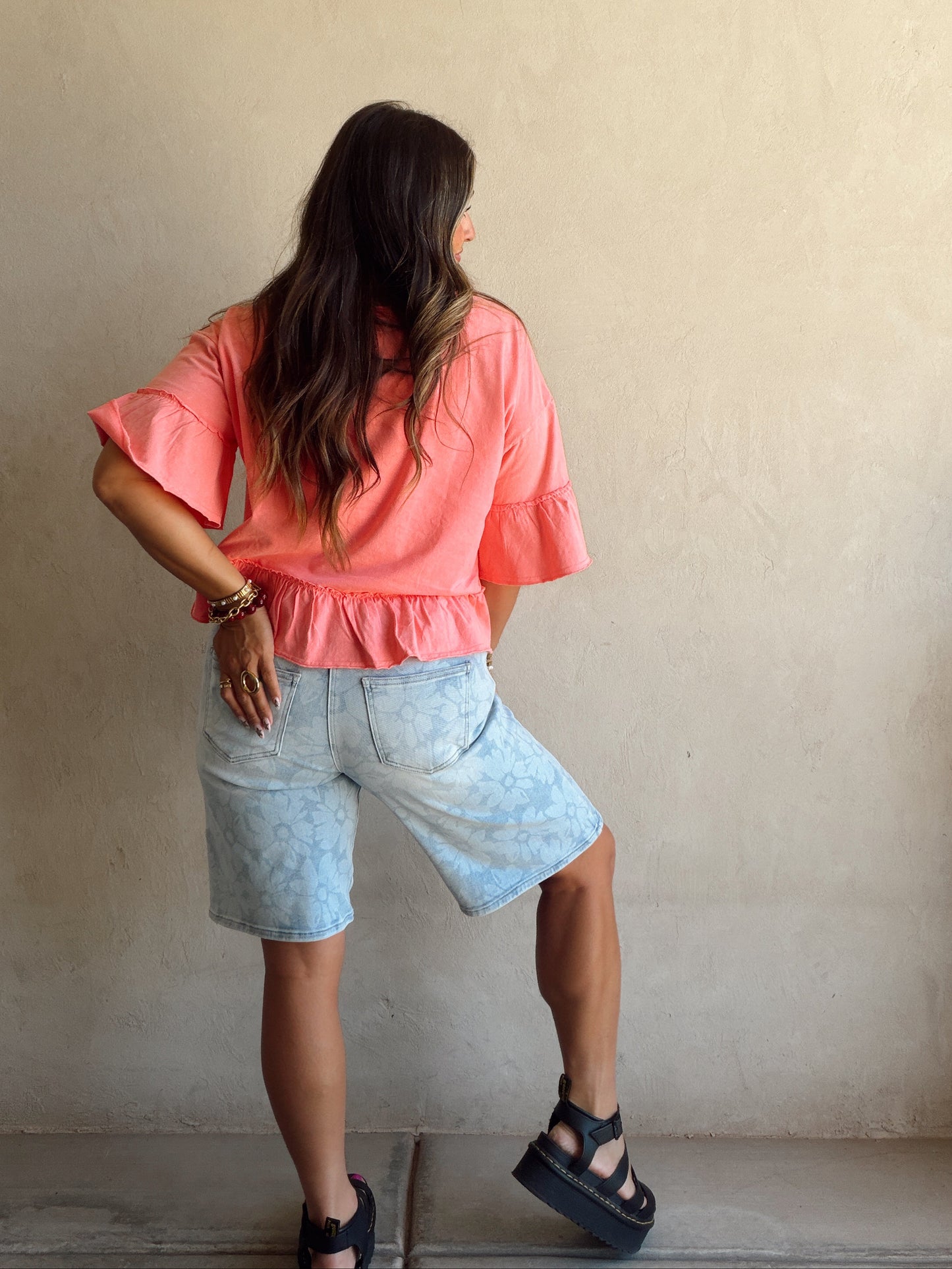 Chloe Floral Bermuda Shorts in Light Wash