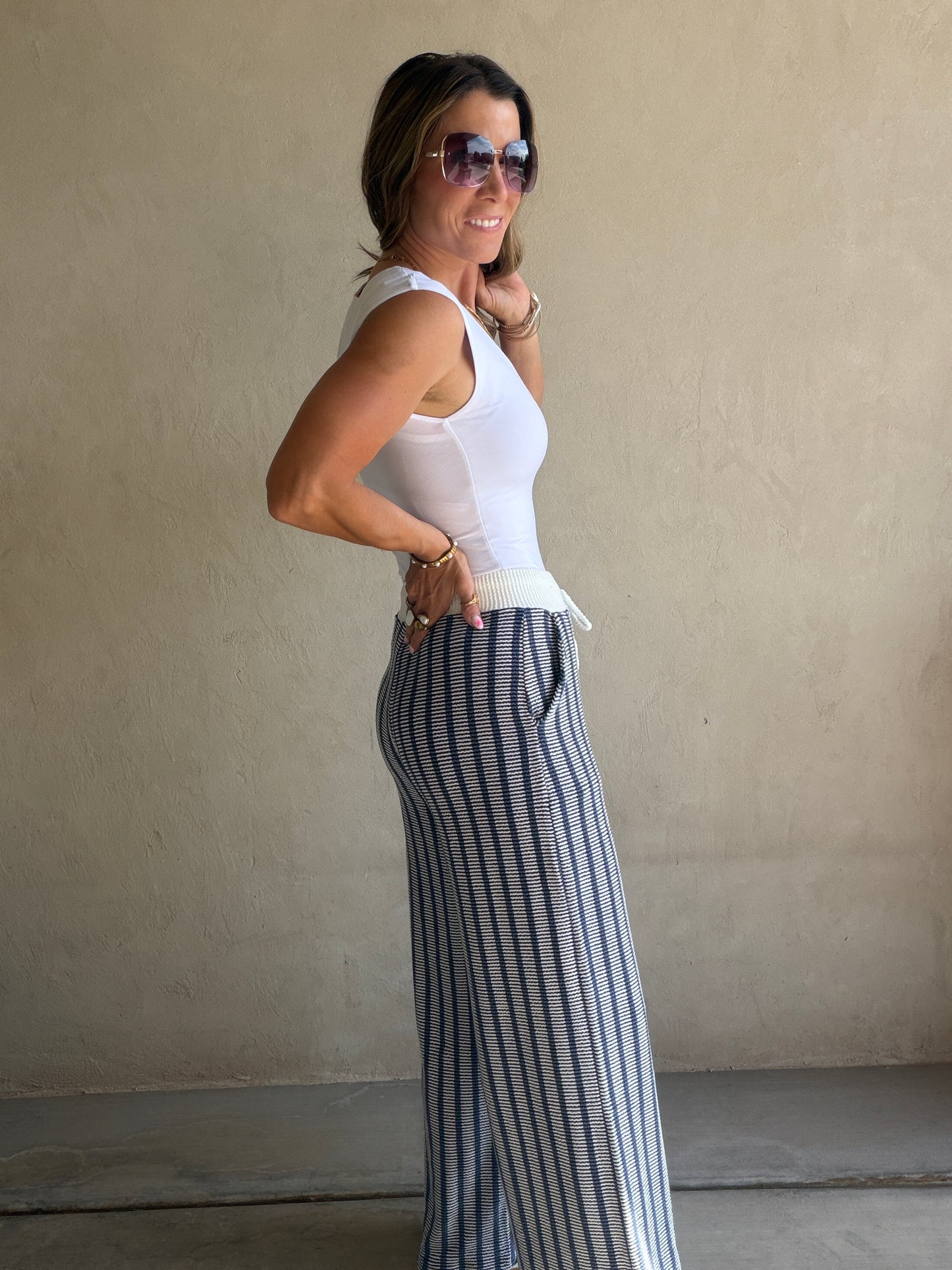 Andrea Ribbed Pants in Navy & Ivory
