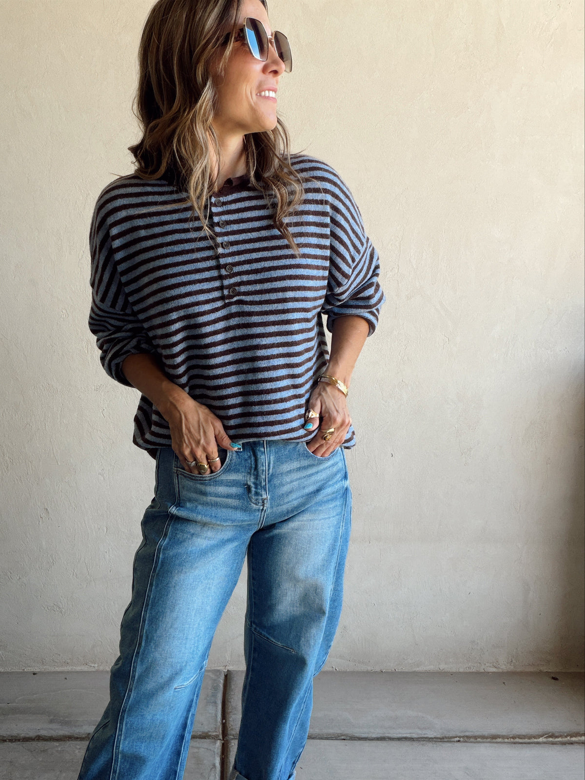 Hanna Henley Sweater in Blue & Chocolate