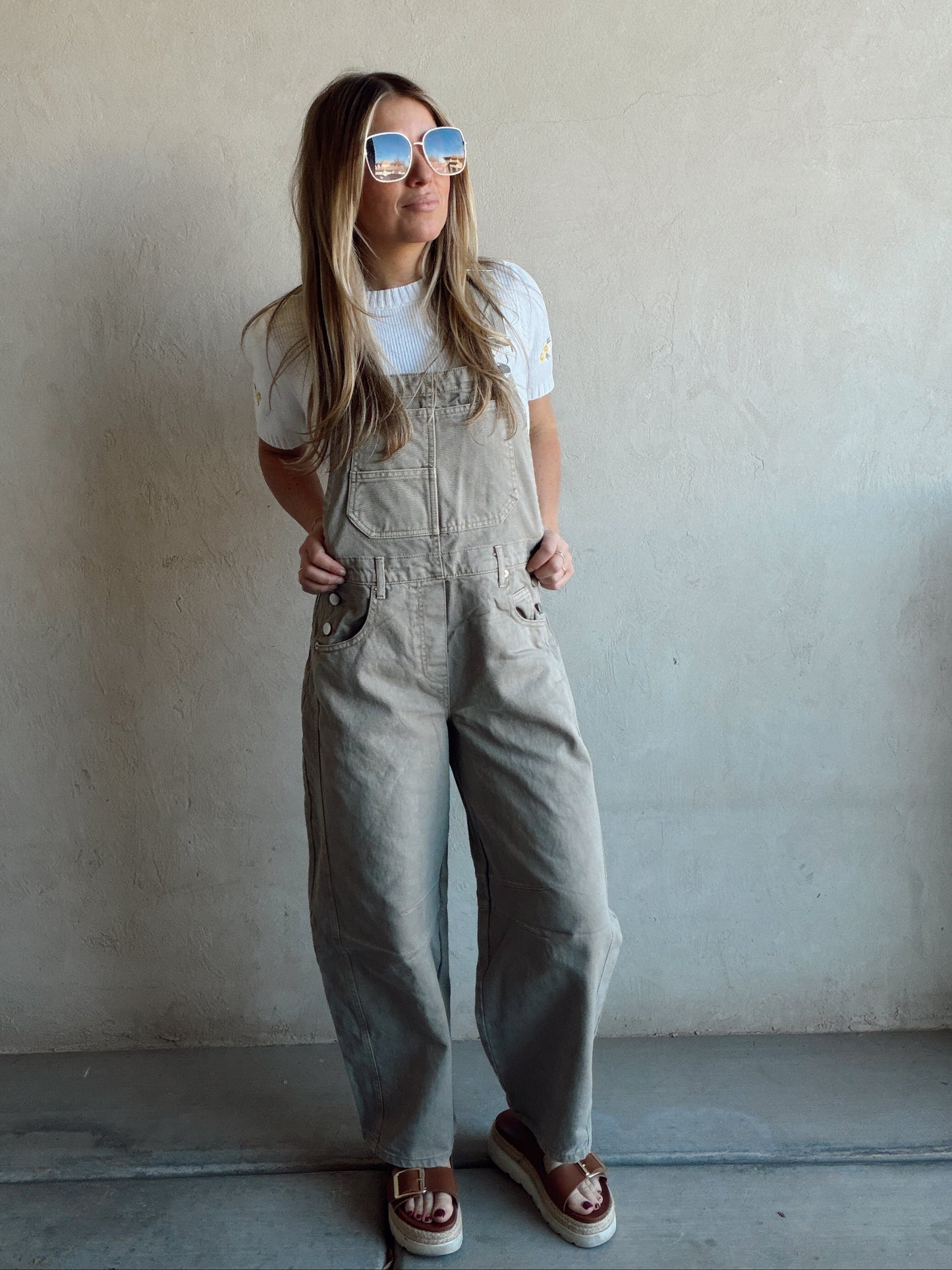 Tallie Barrel Overalls in Stone