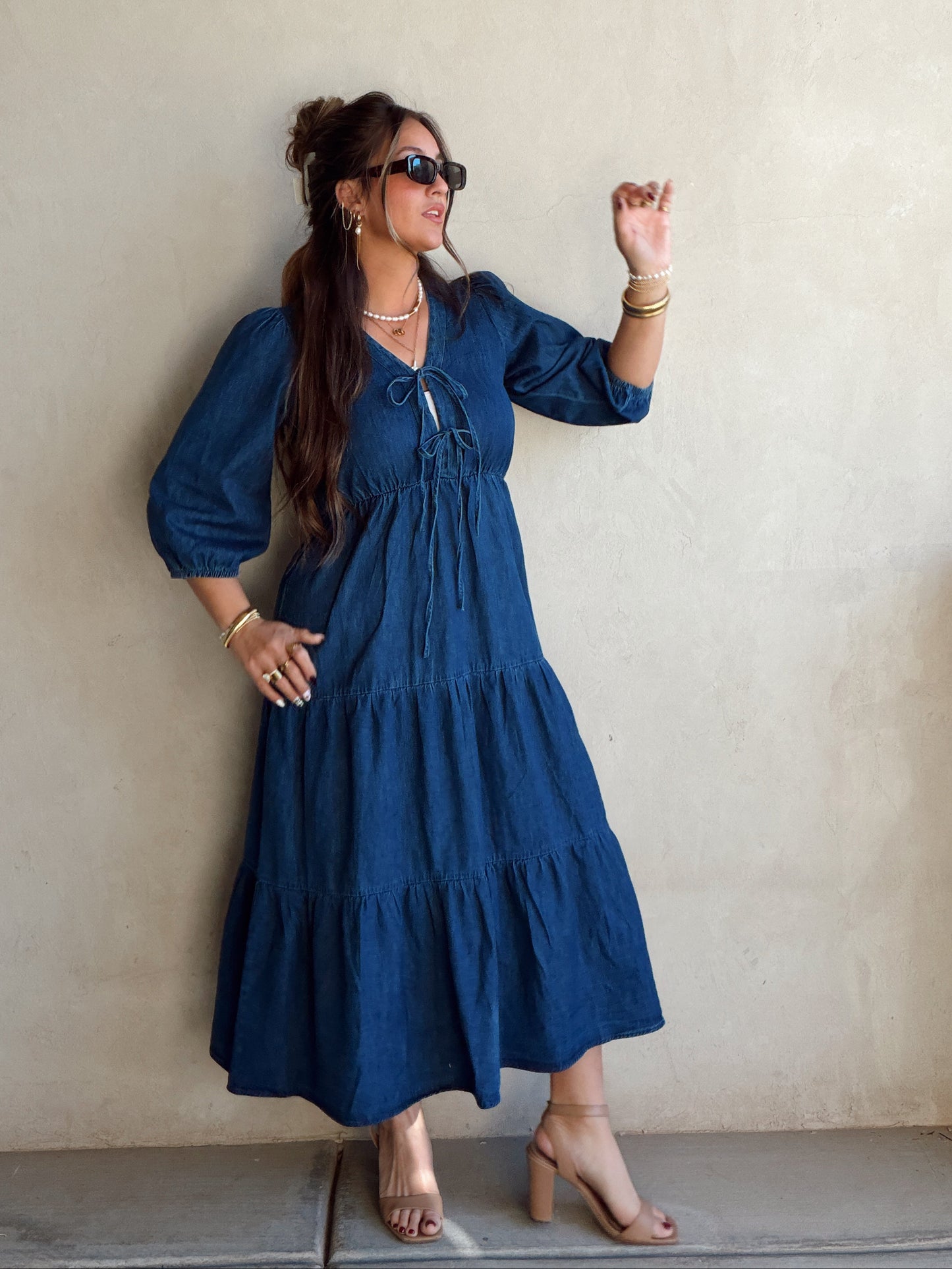 Jolee Bow Maxi Dress in Denim
