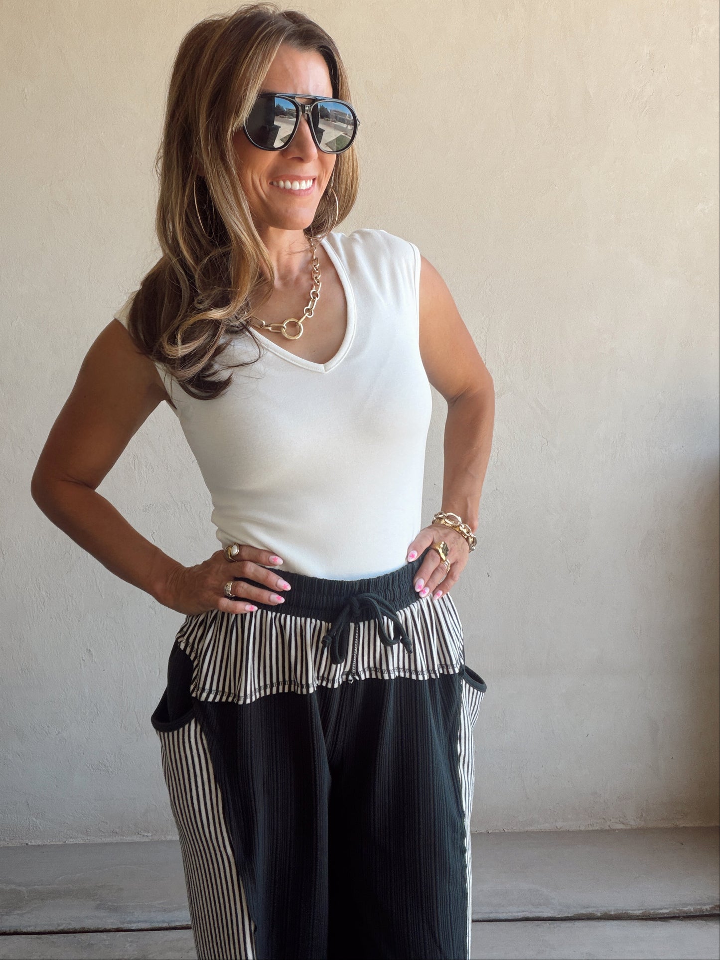Barrel Pants in Charcoal & Stripes