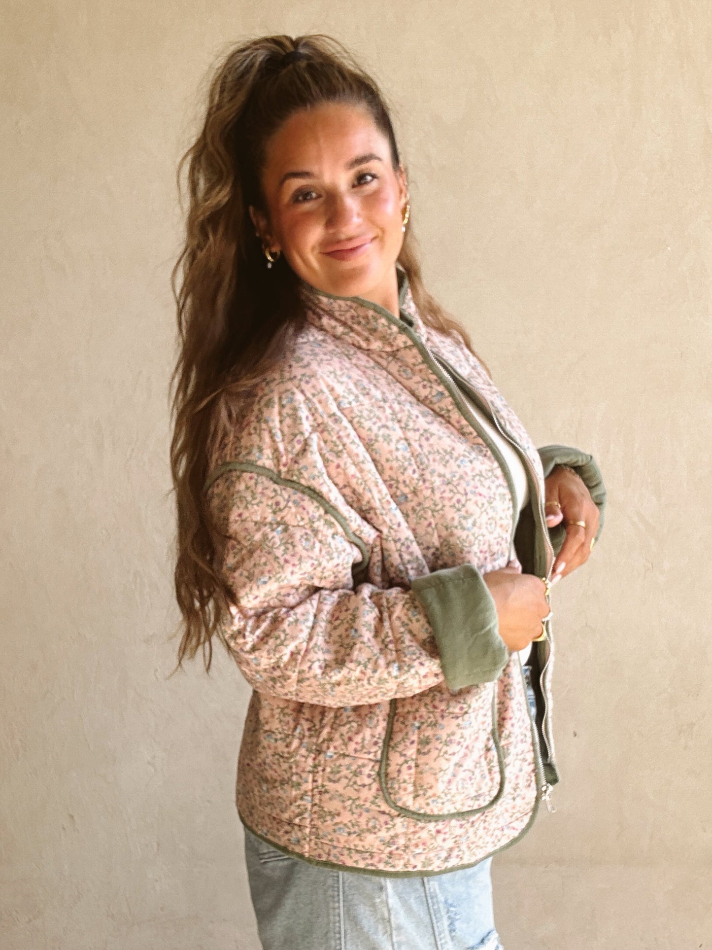 Amber Quilted Jacket in Pink and Sage
