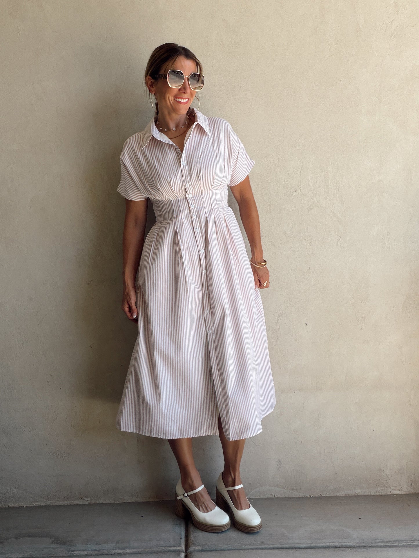 Sherri Striped Dress in Taupe & White