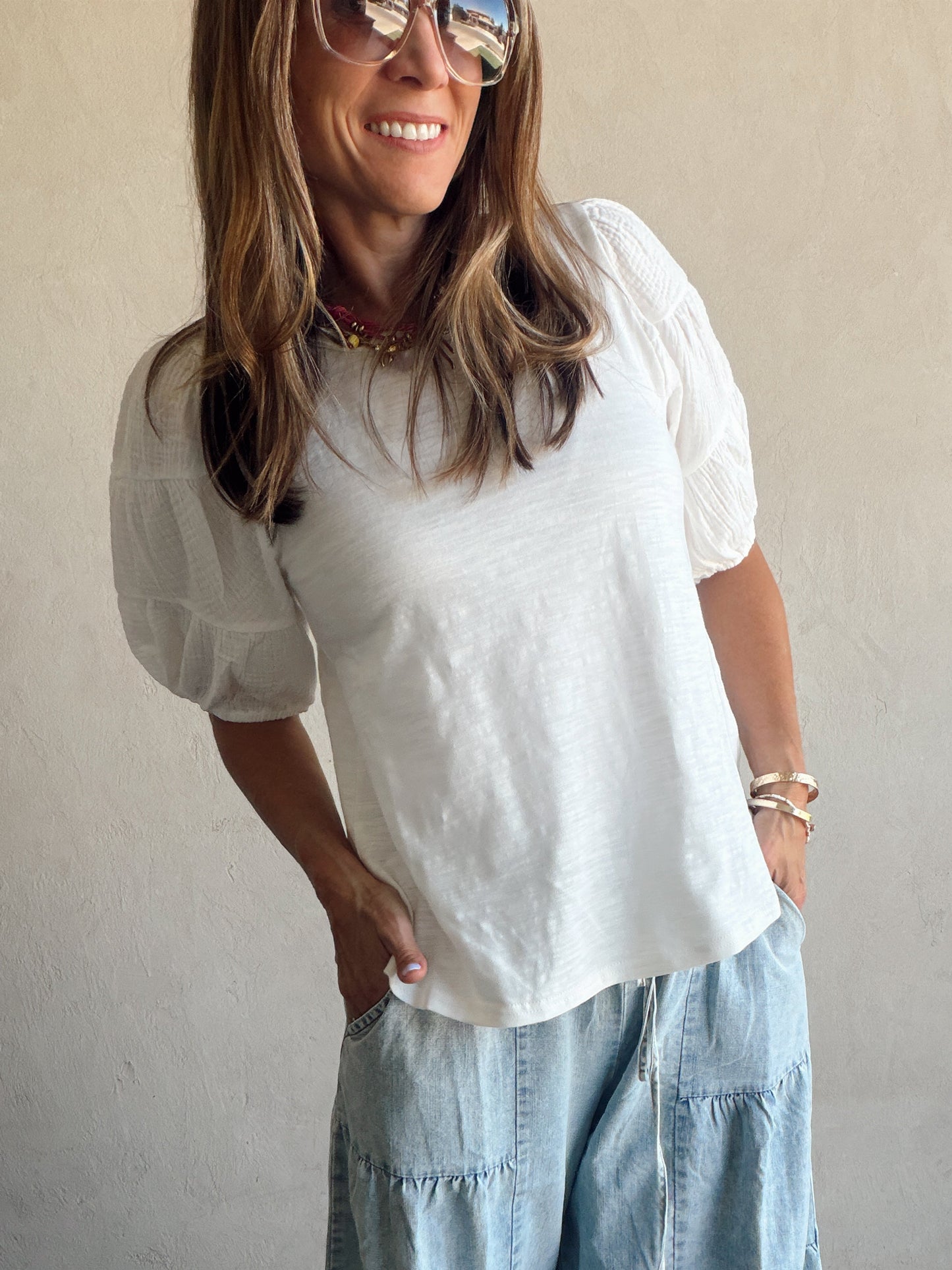 Jenny Gauze Sleeve Top in White