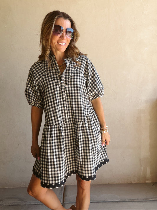 Tiered Midi Gingham Dress in Dark Navy