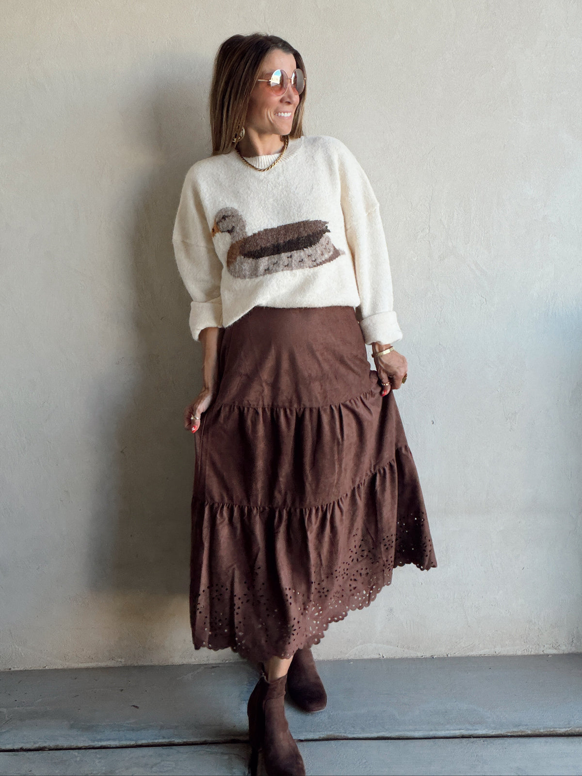 Sophie Suede Eyelet Skirt in Chocolate