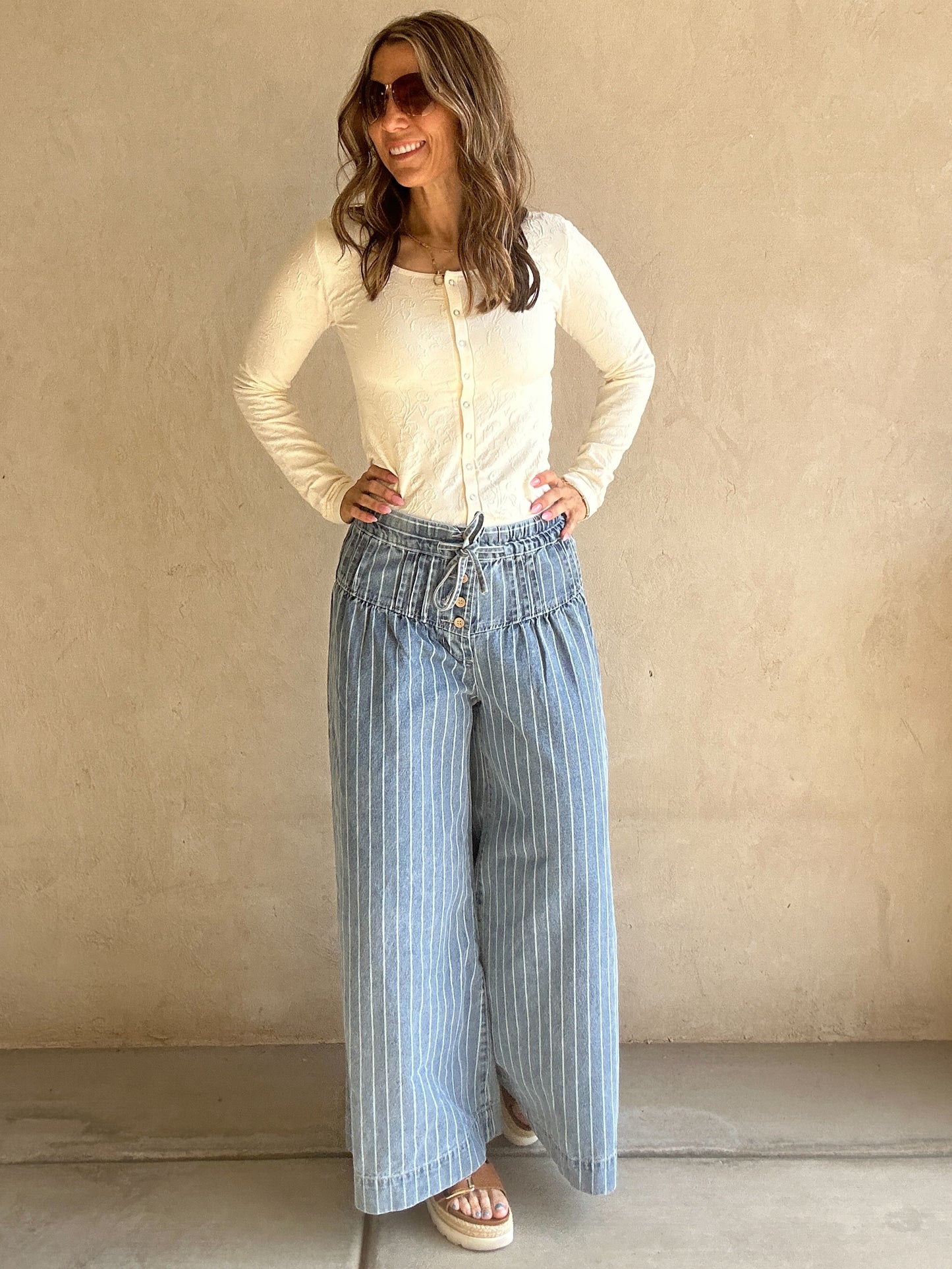 Natalie Pintuck Wide Leg Striped Pants