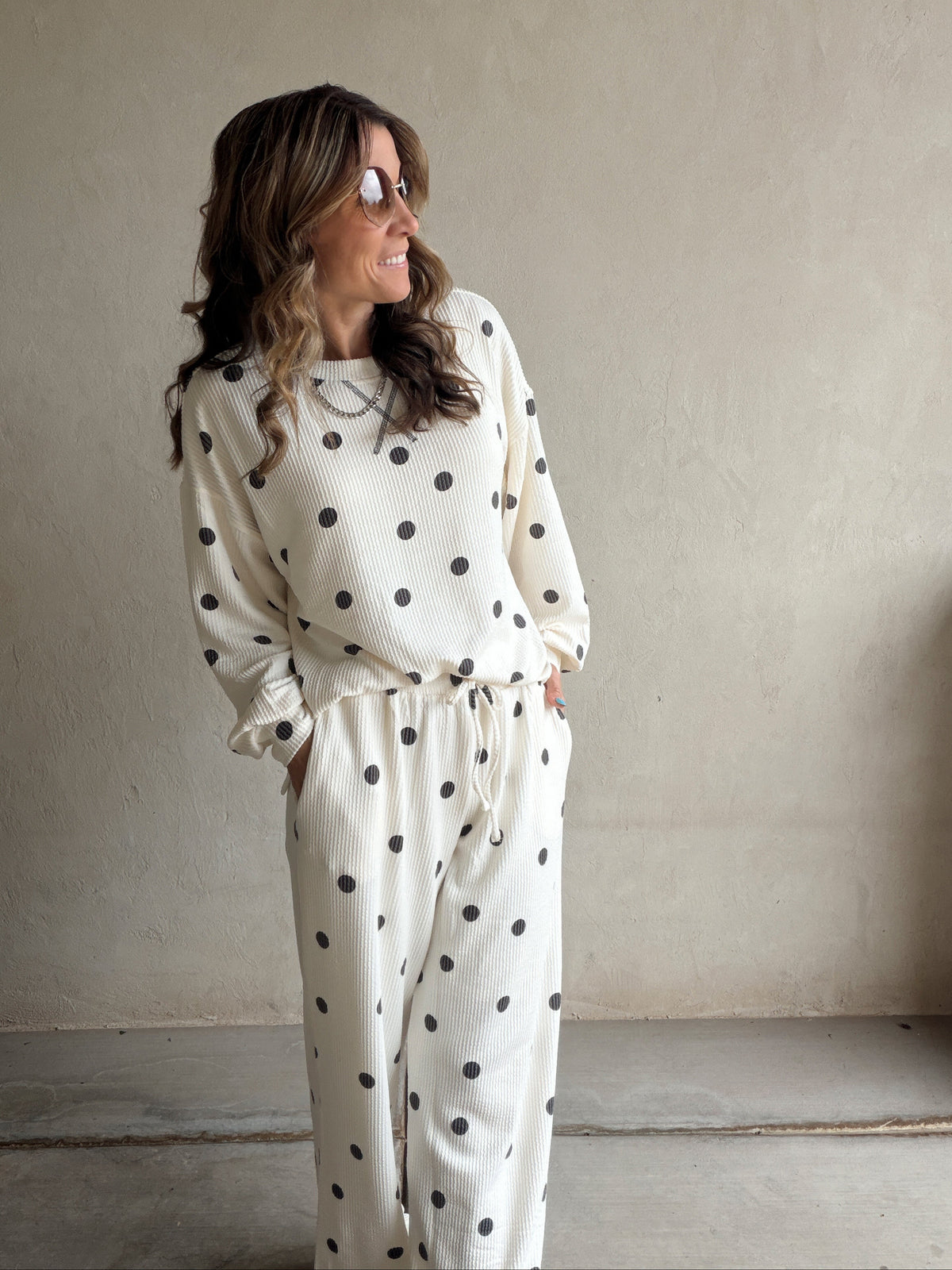 Rylee Ribbed Polka Dot Set in Ecru & Black