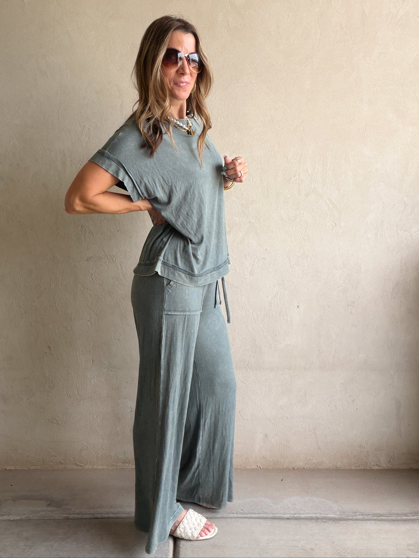 Raelyn Ribbed Mineral Washed Set in Ash Jade
