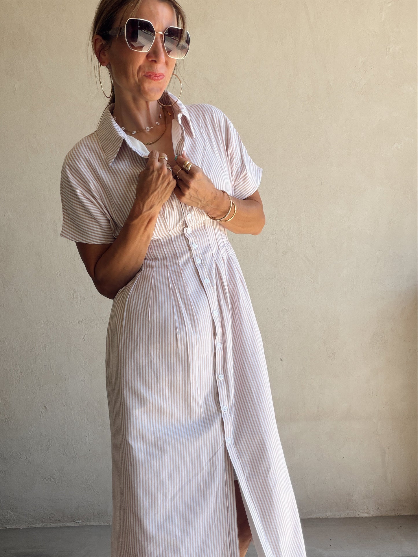 Sherri Striped Dress in Taupe & White