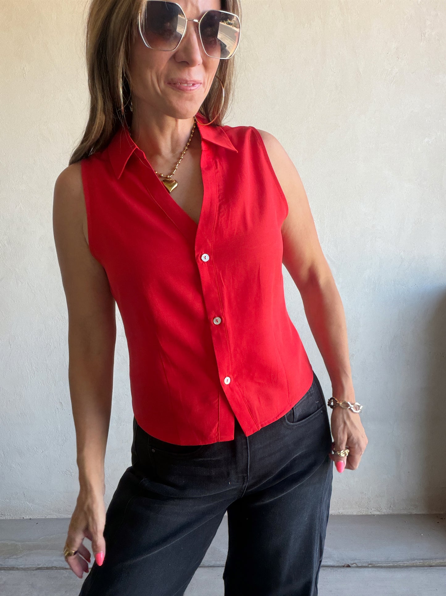 Cass Collared Tank in Red