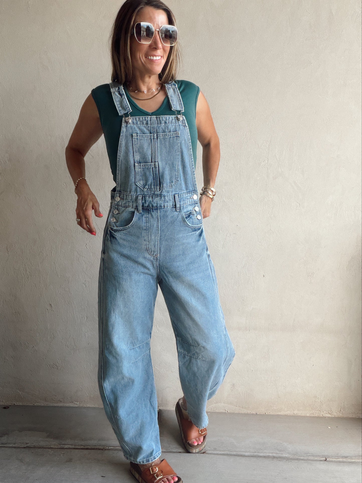Bridget Denim Barrel Overalls in Medium Wash