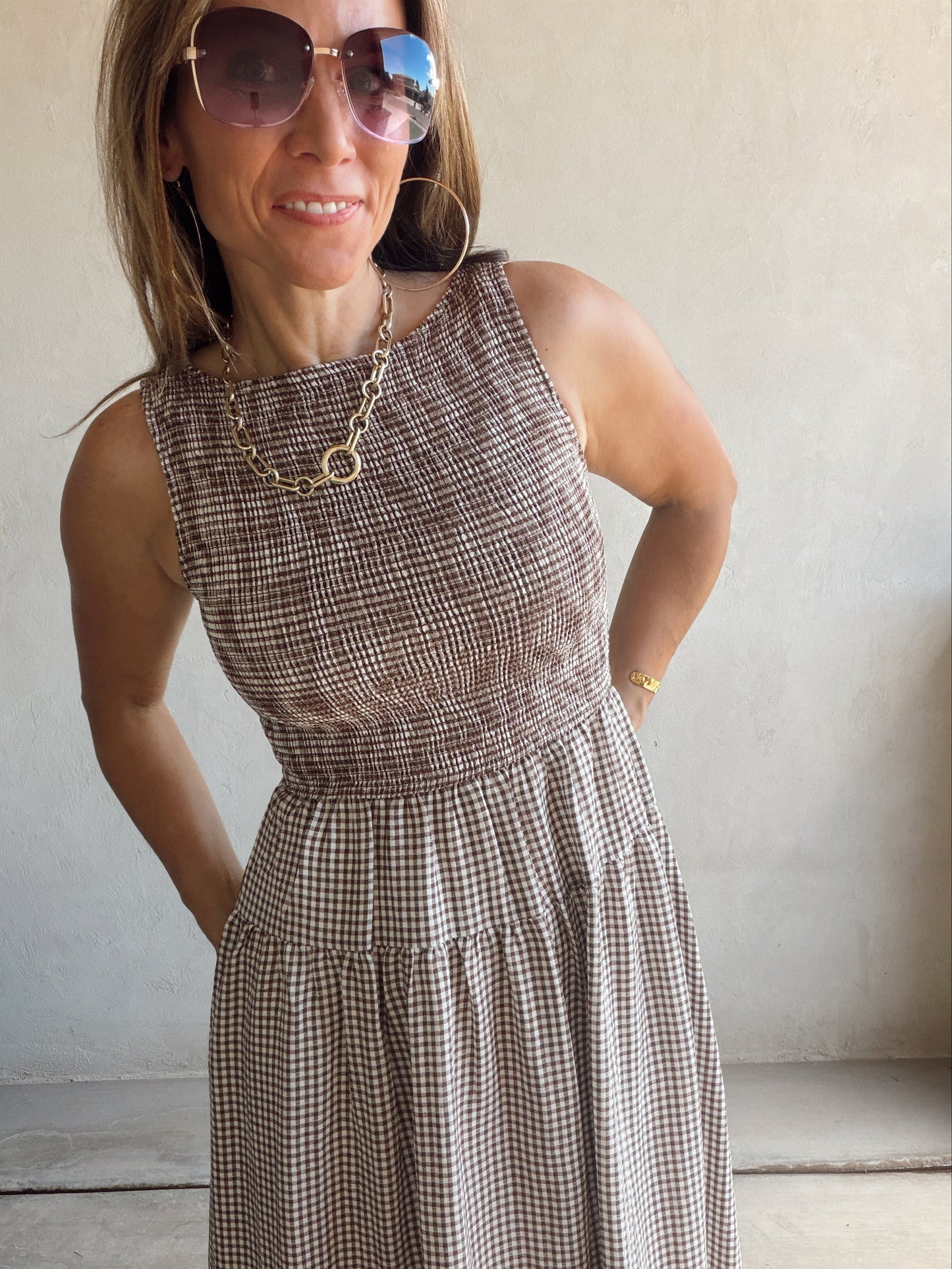 Denise Dress in Gingham Dress in Chocolate & Cream
