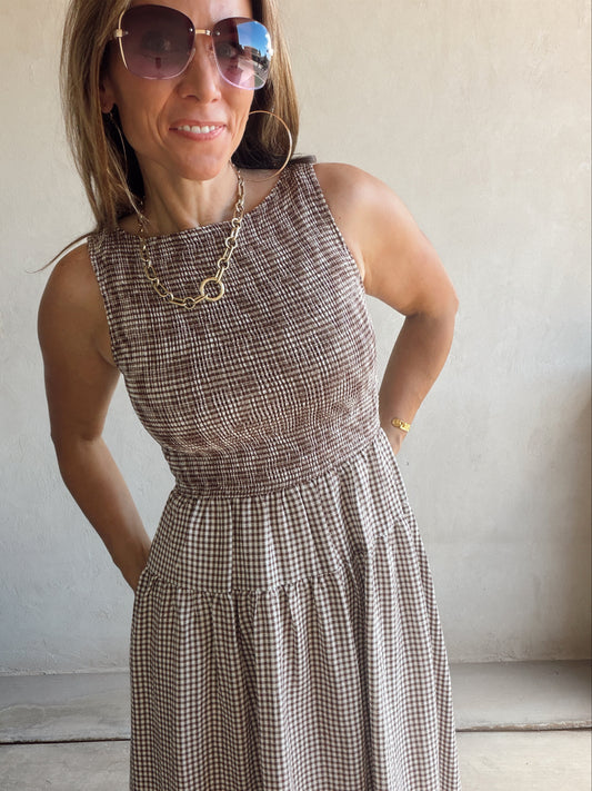 Denise Dress in Gingham Dress in Chocolate & Cream