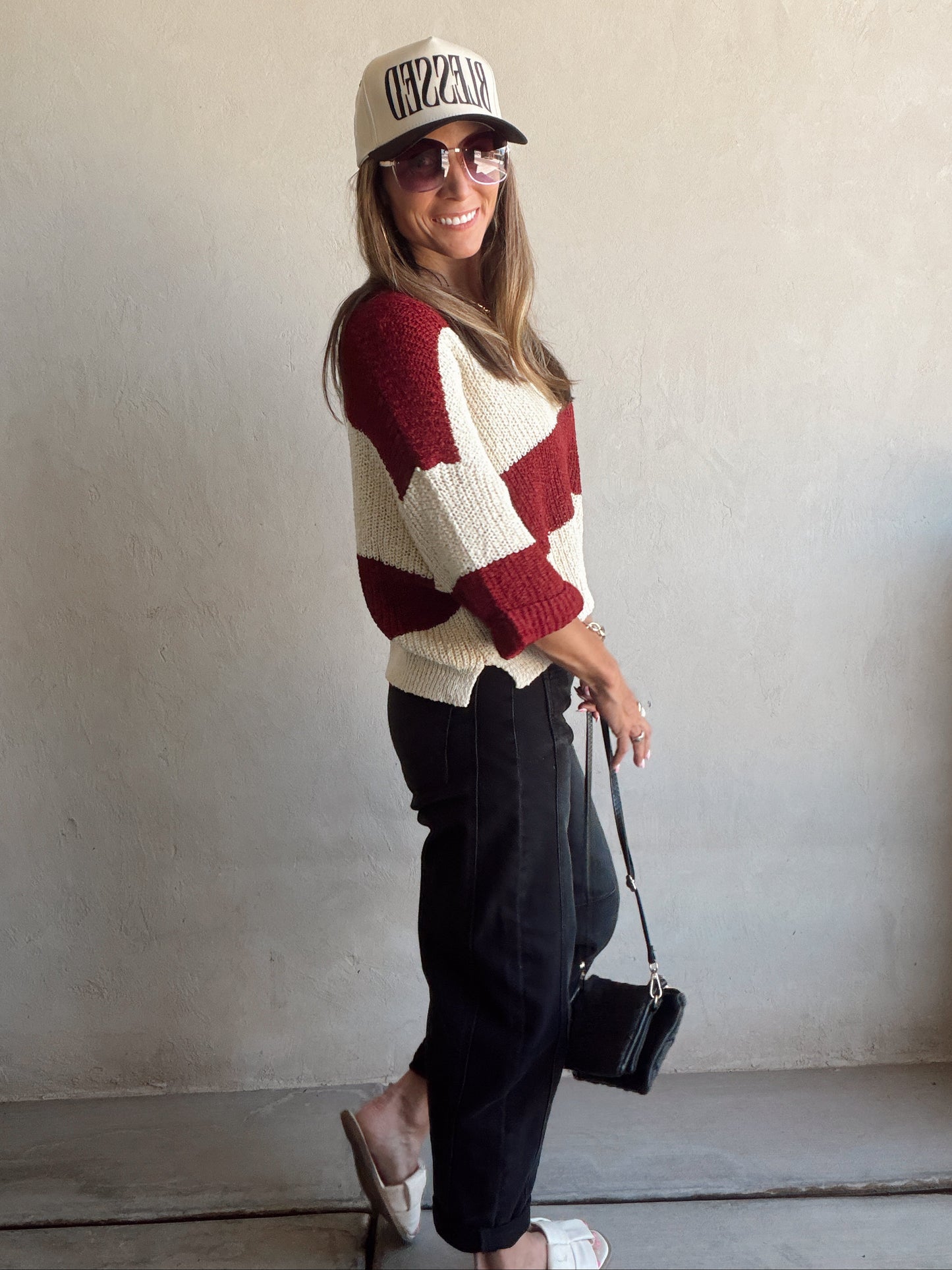 Christy V-Neck Top in Cabernet & Cream