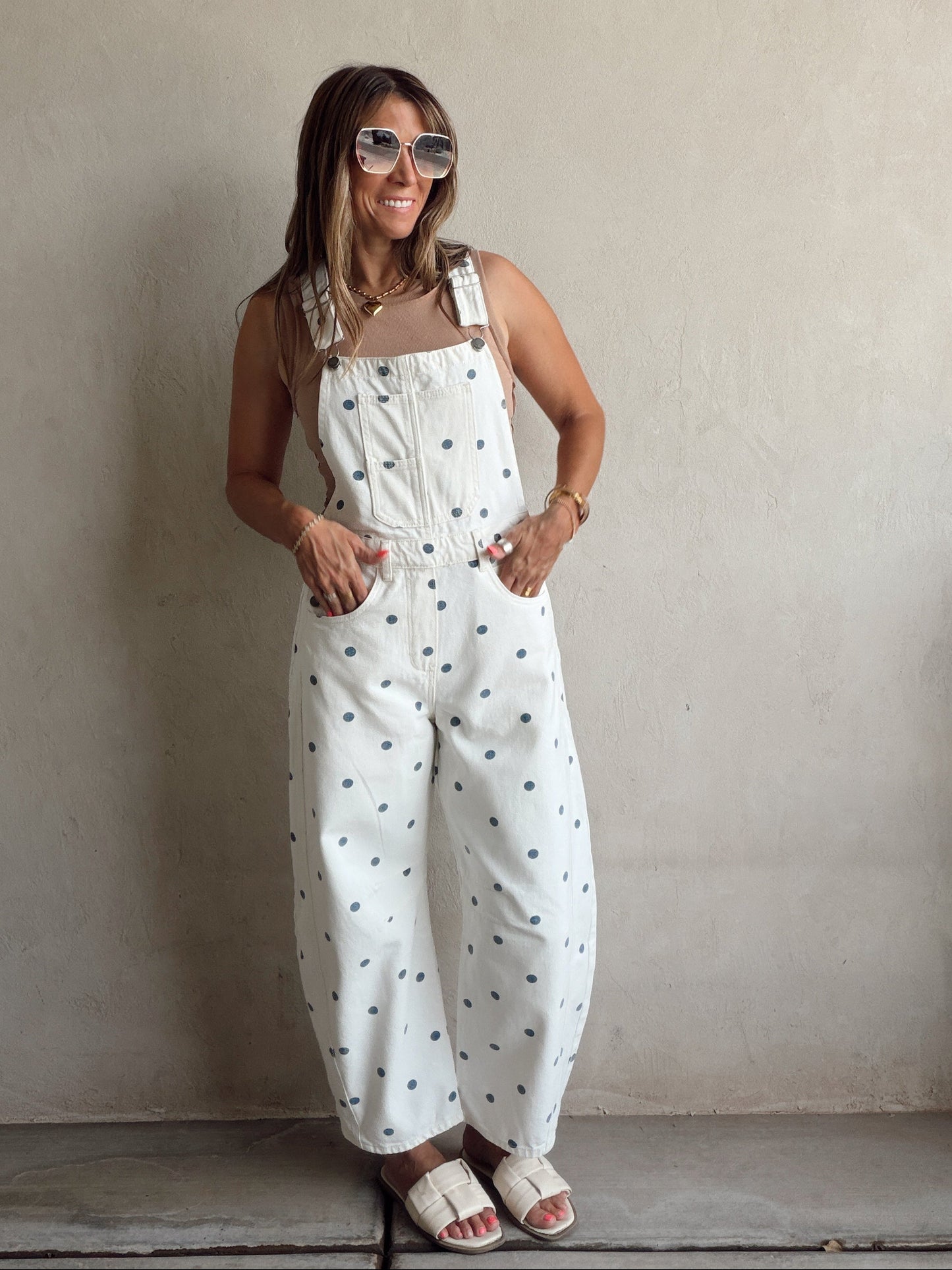 Leah Barrel Overalls in Cream with Blue Polka Dots