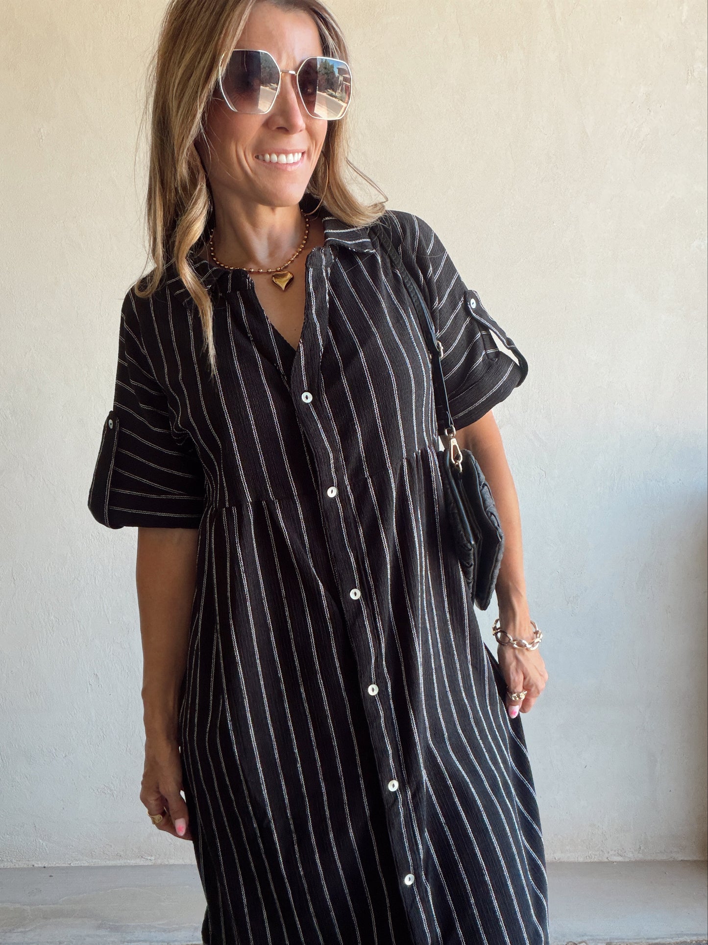 Tia Dress in Black with White Stripes