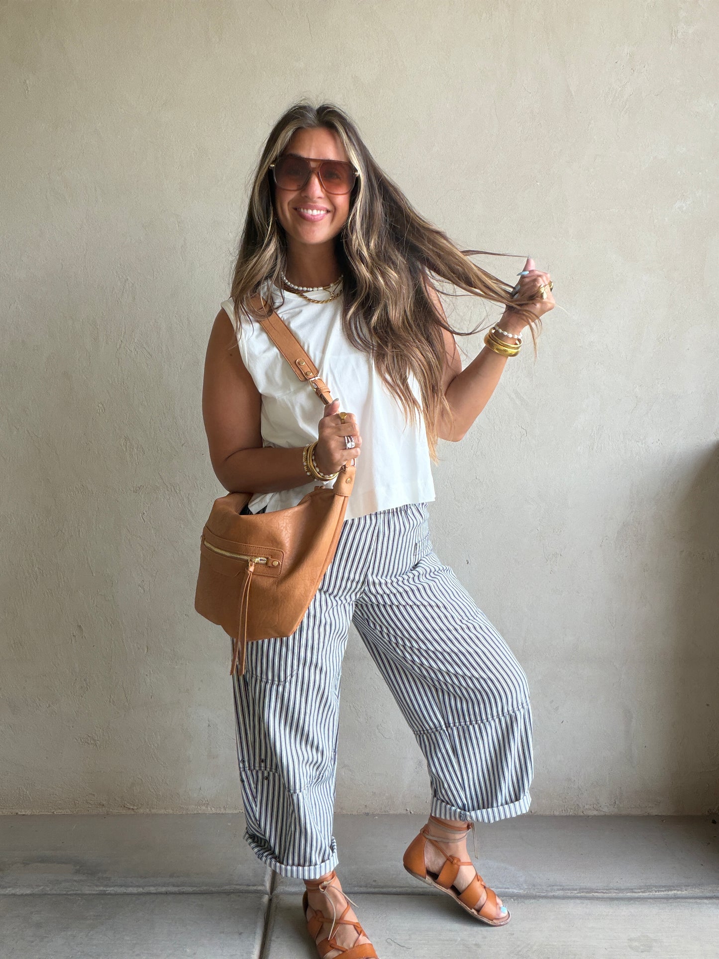 Striped Barrel Pant in Navy