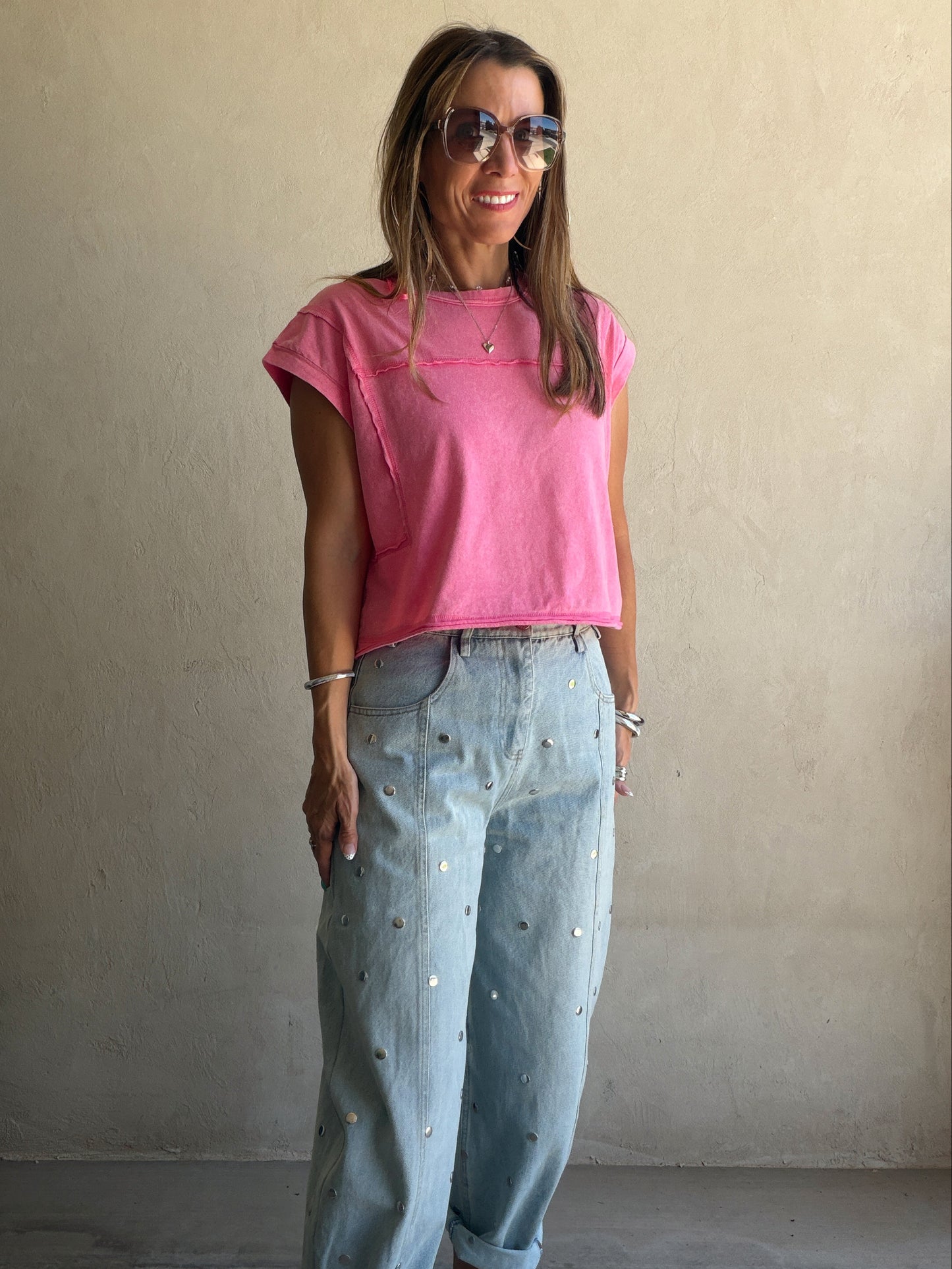Lydia Light Wash Studded Barrel Jeans