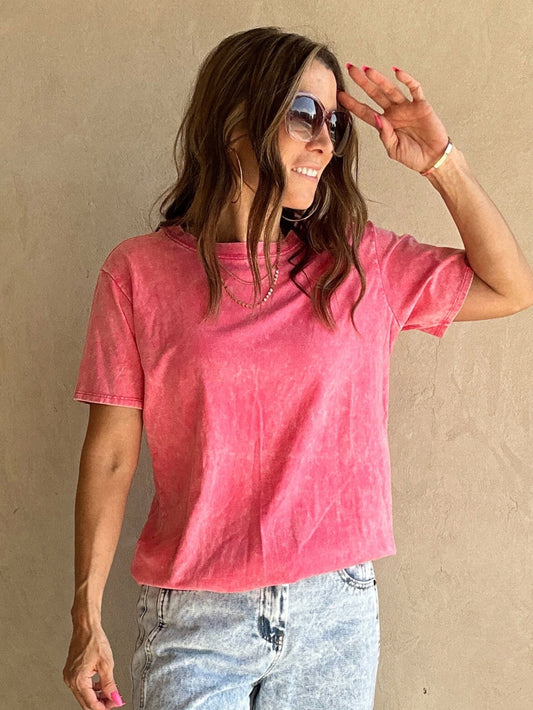 Tara Acid Wash Tee in Pink