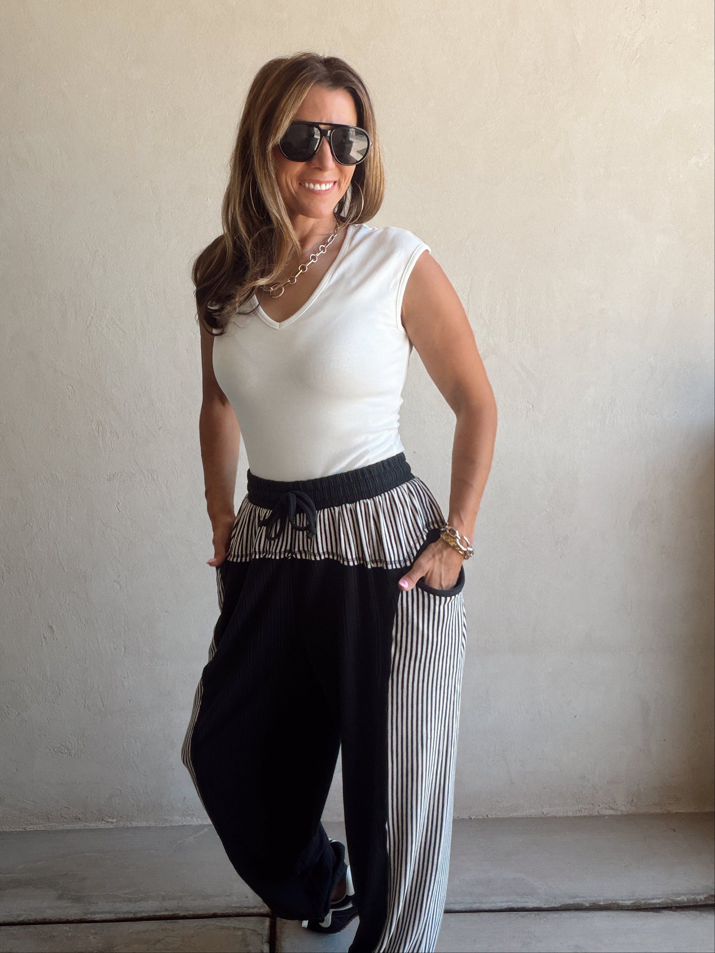 Barrel Pants in Charcoal & Stripes