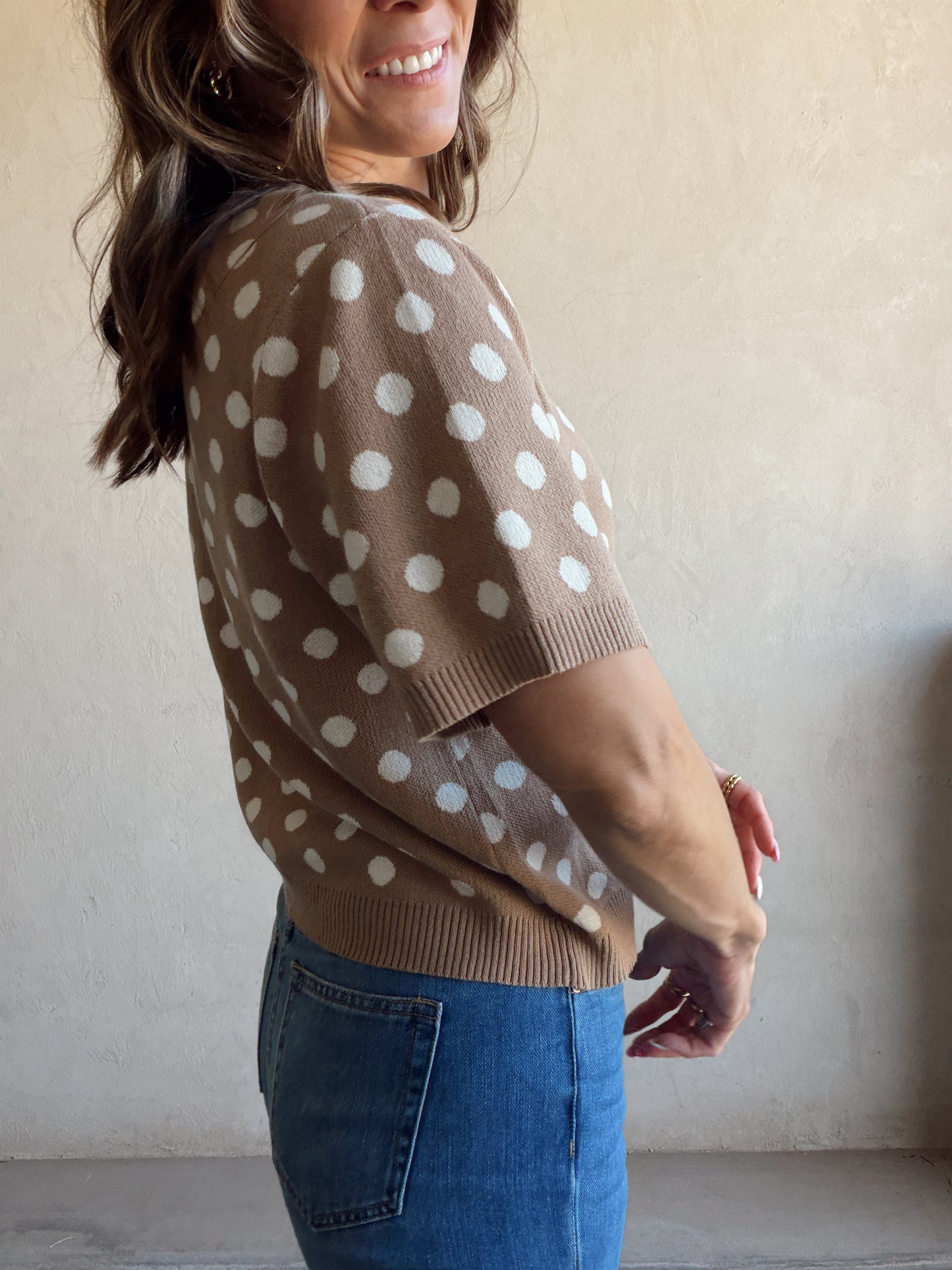 Polka Dot Cardigan in Taupe & Ivory