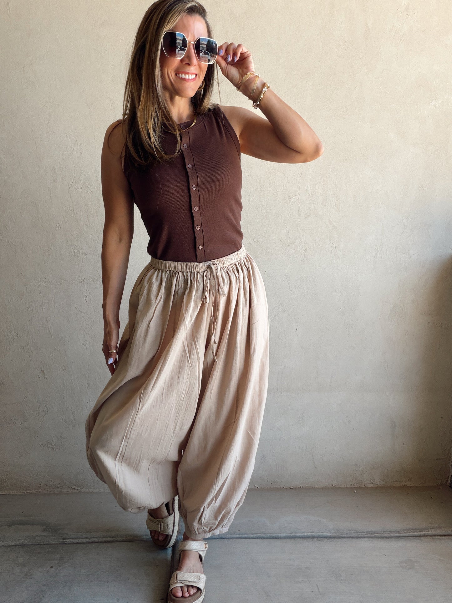 Tara Flowy Parachute Pants in Tan