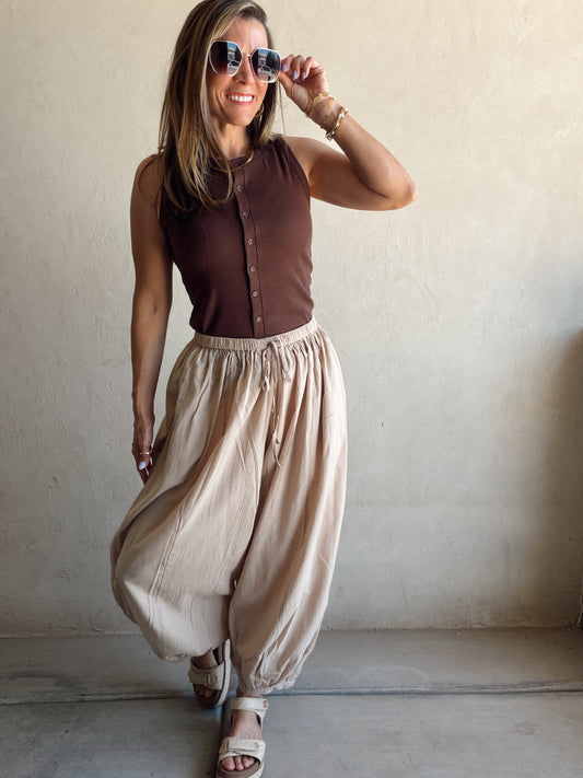 Tara Flowy Parachute Pants in Tan
