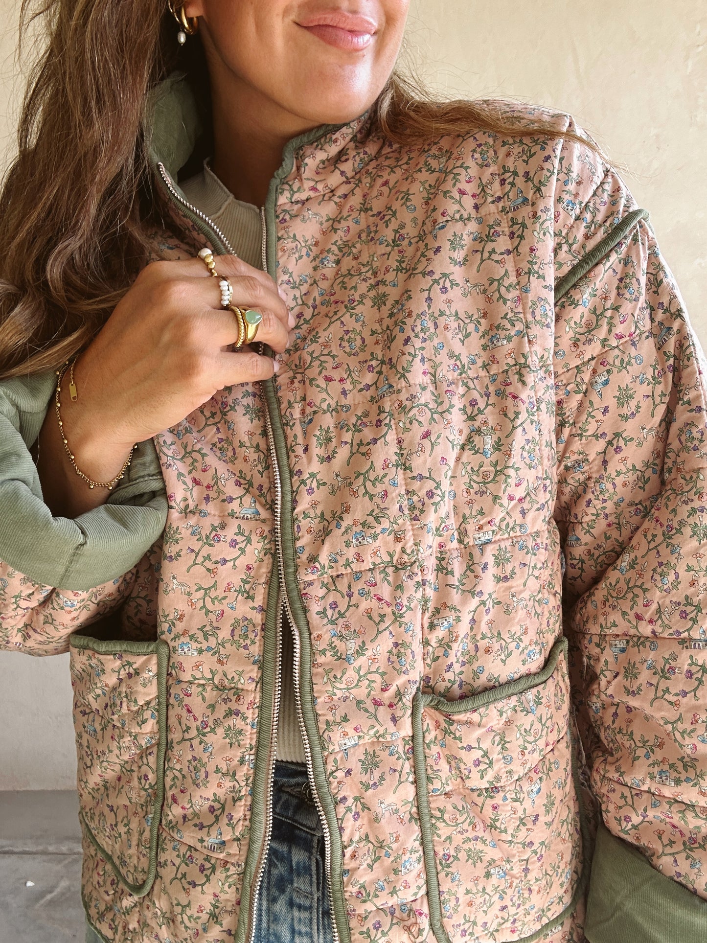 Amber Quilted Jacket in Pink and Sage