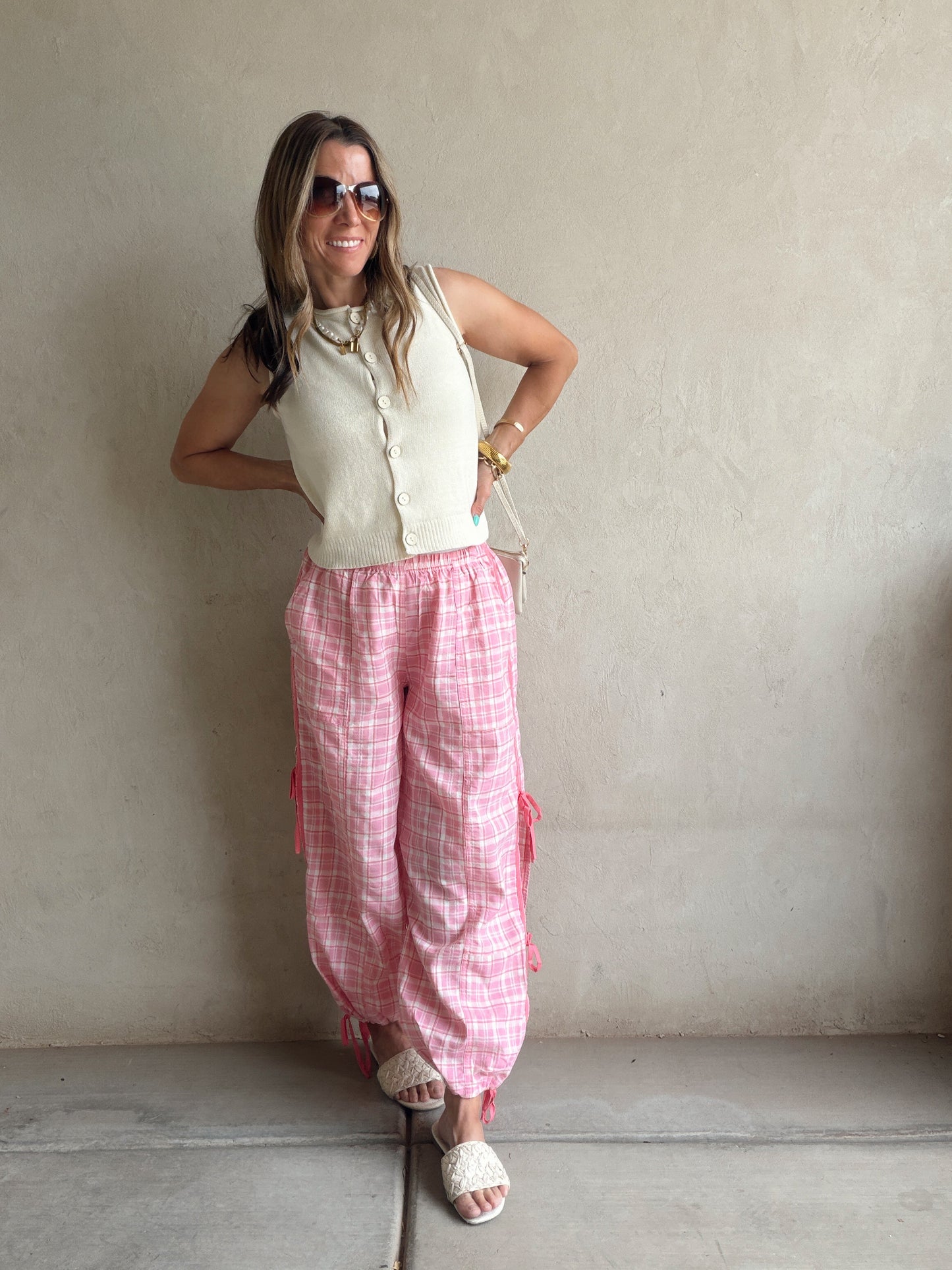 Christine Parachute Pants in Pink Plaid