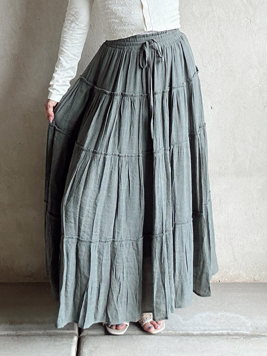 Aubrey Drawstring Tiered Skirt in Olive