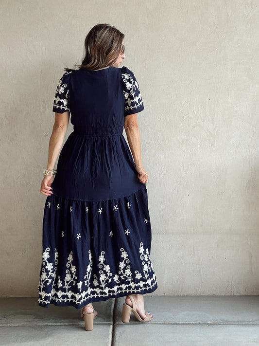 Pyper Embroidered Dress in Navy