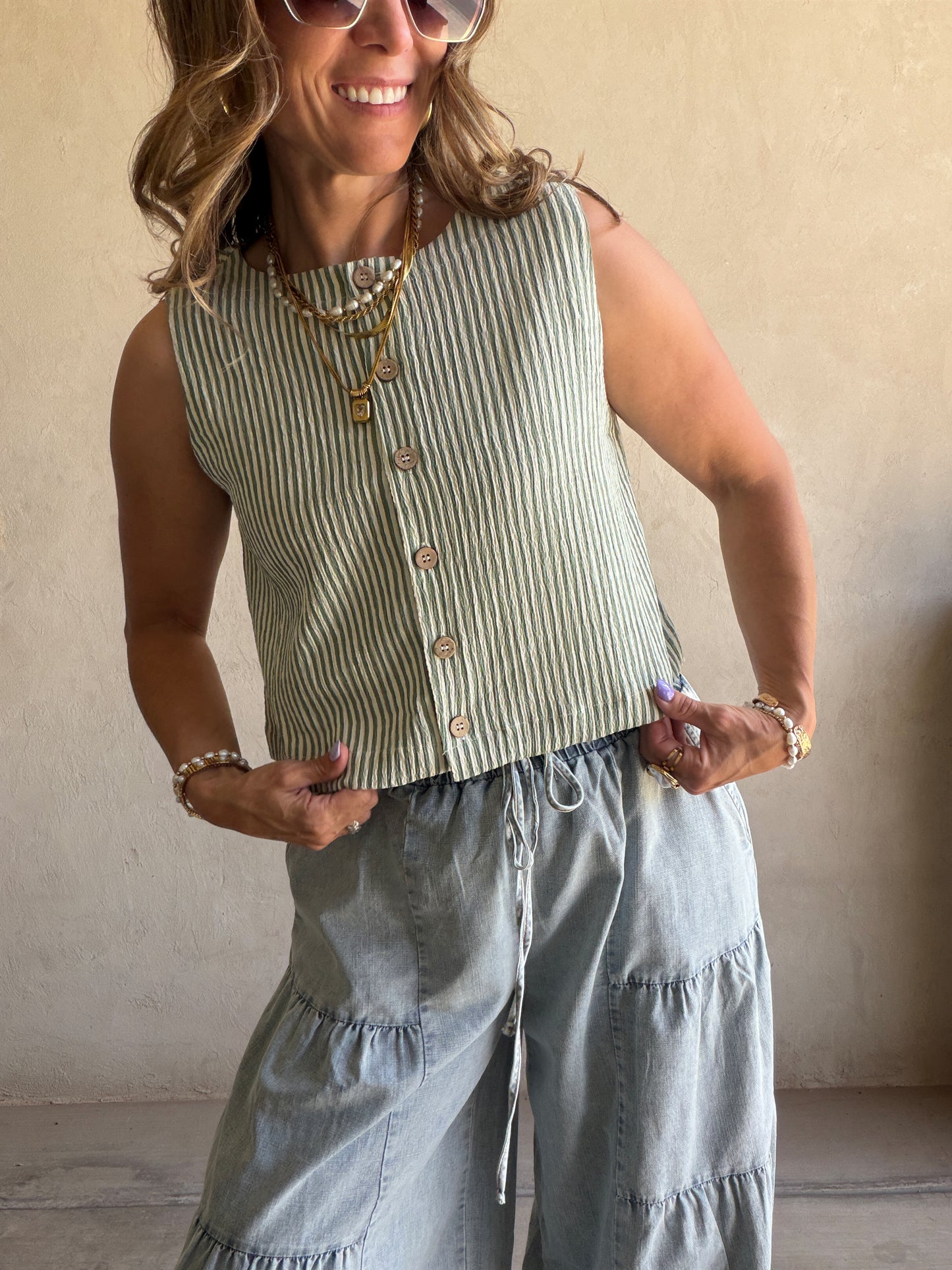 Melinda Tank in Sage & White